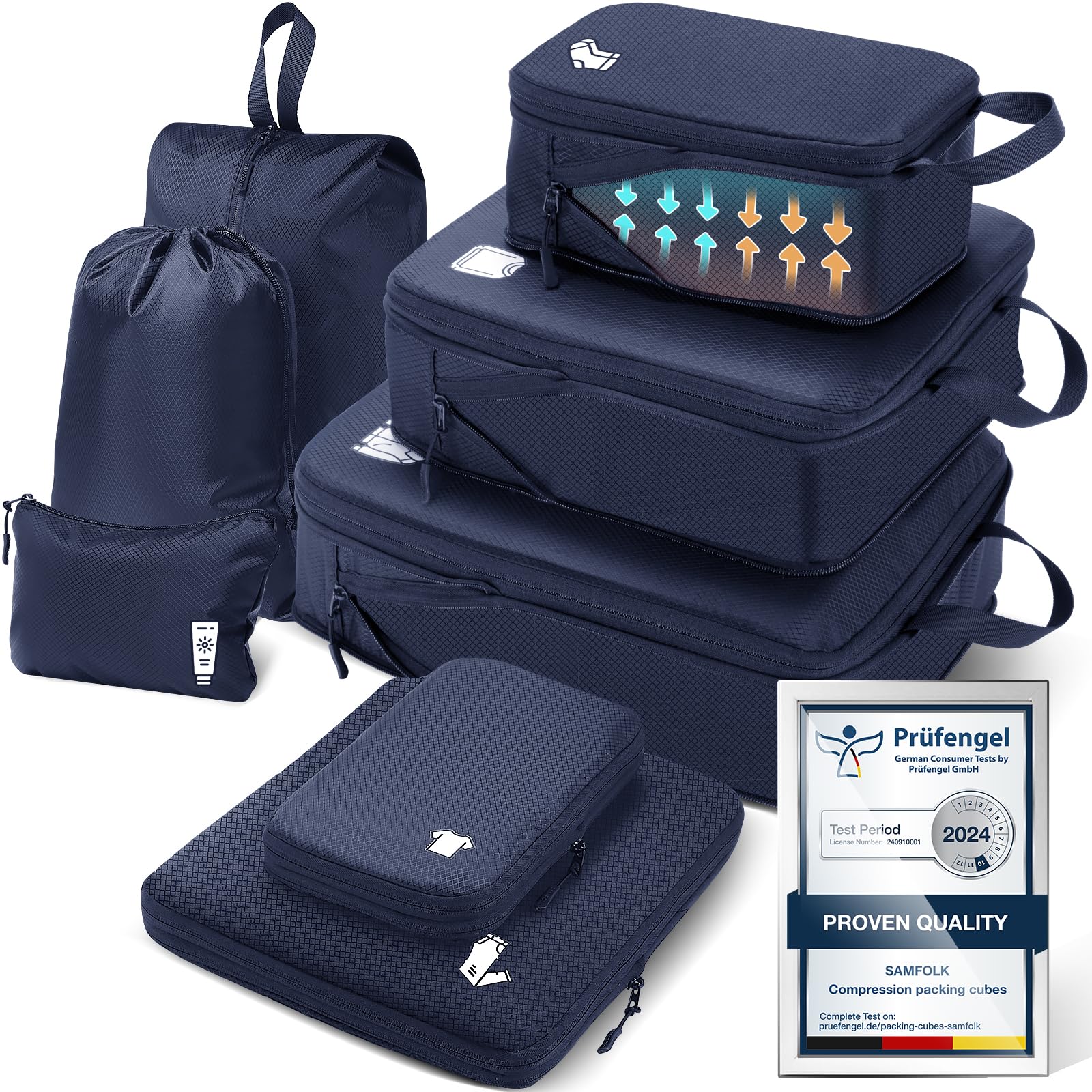 Samfolk 8-Piece Navy Blue Compression Packing Cubes Luggage Organizer Set DEMO