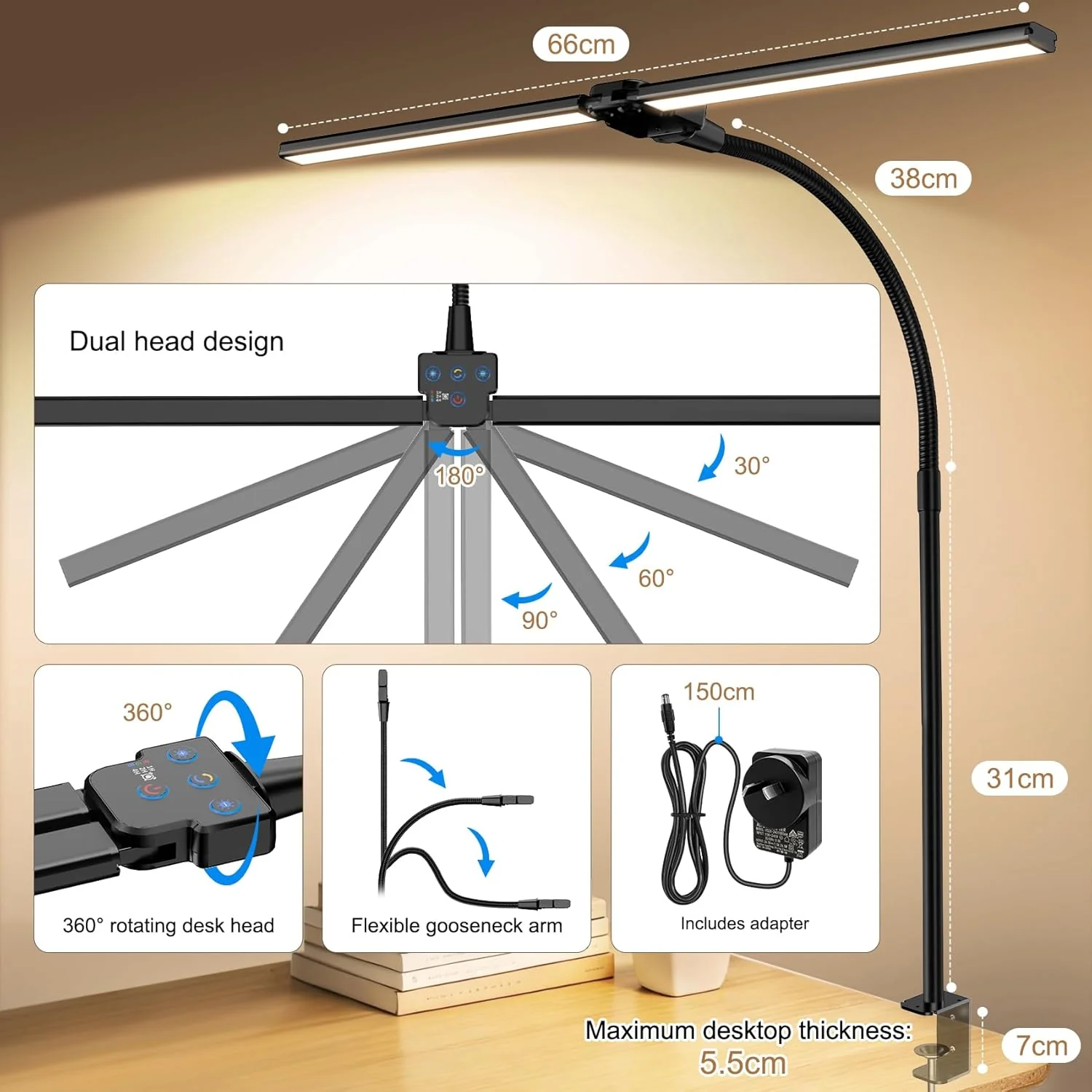 24W Double Head Architect Desk Lamp with Remote LED Black Size 66cm Max NEW - Image 6