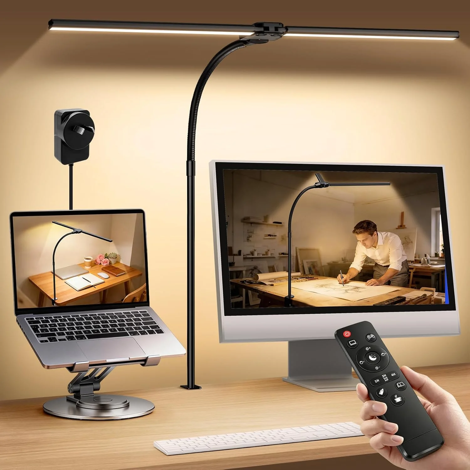 24W Double Head Architect Desk Lamp with Remote LED Black Size 66cm Max NEW - Image 8