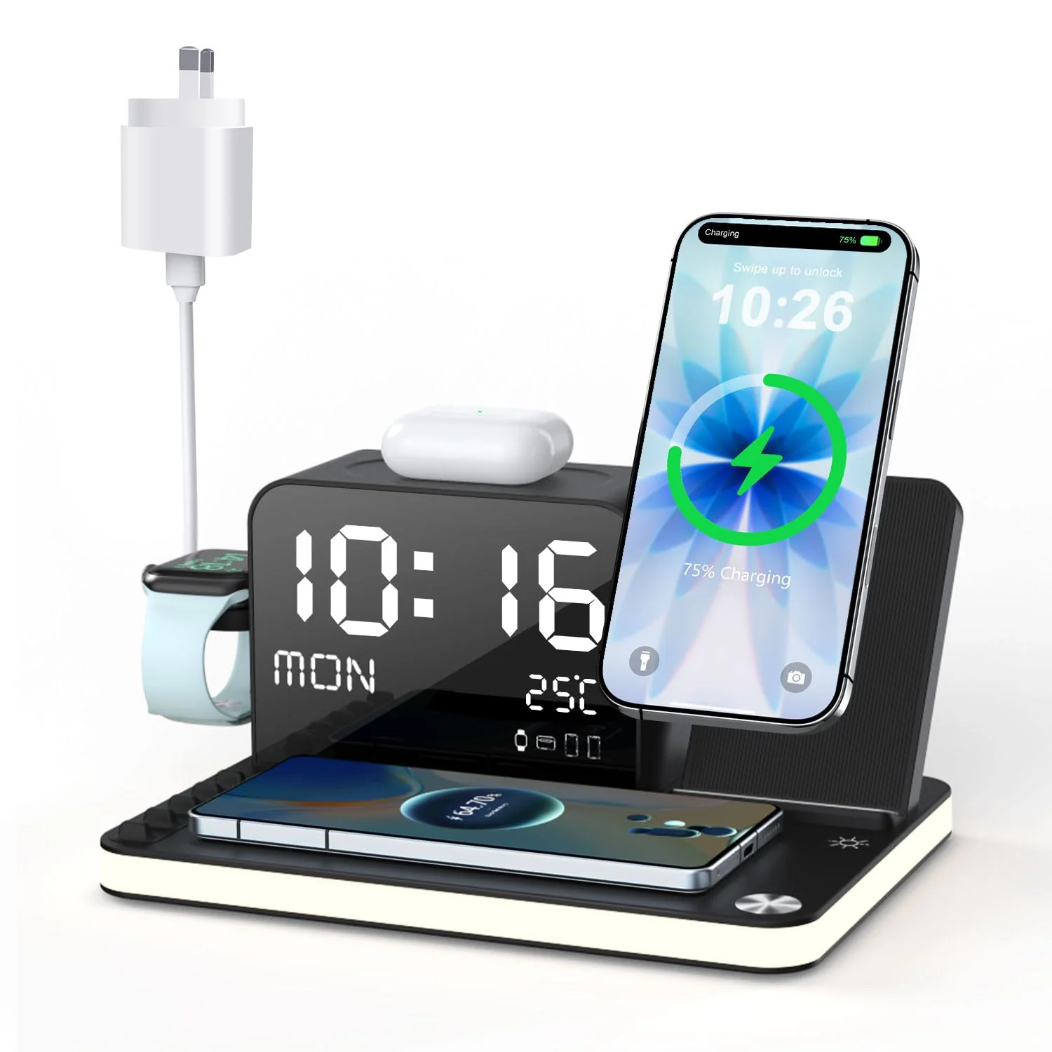 BLKE 7-in-1 Wireless Charging Station with Clock Night Light & Dock in Black NEW