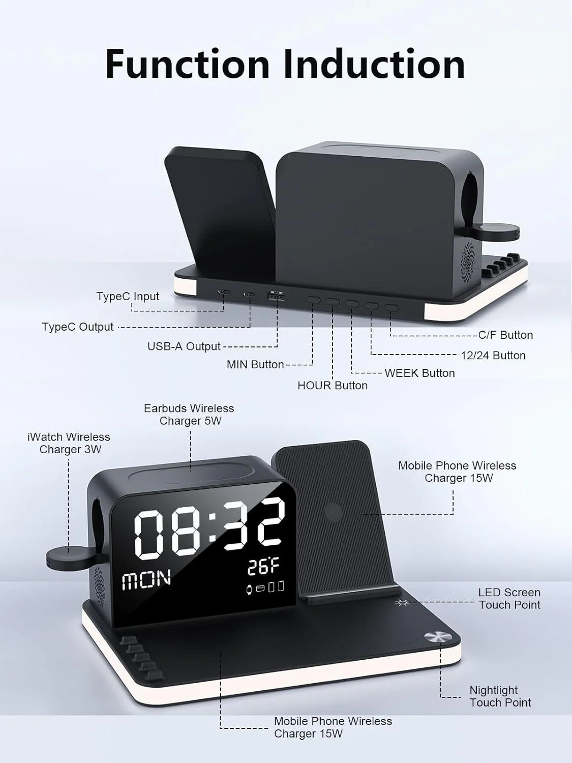 BLKE 7-in-1 Wireless Charging Station with Clock Night Light & Dock in Black NEW - Image 7