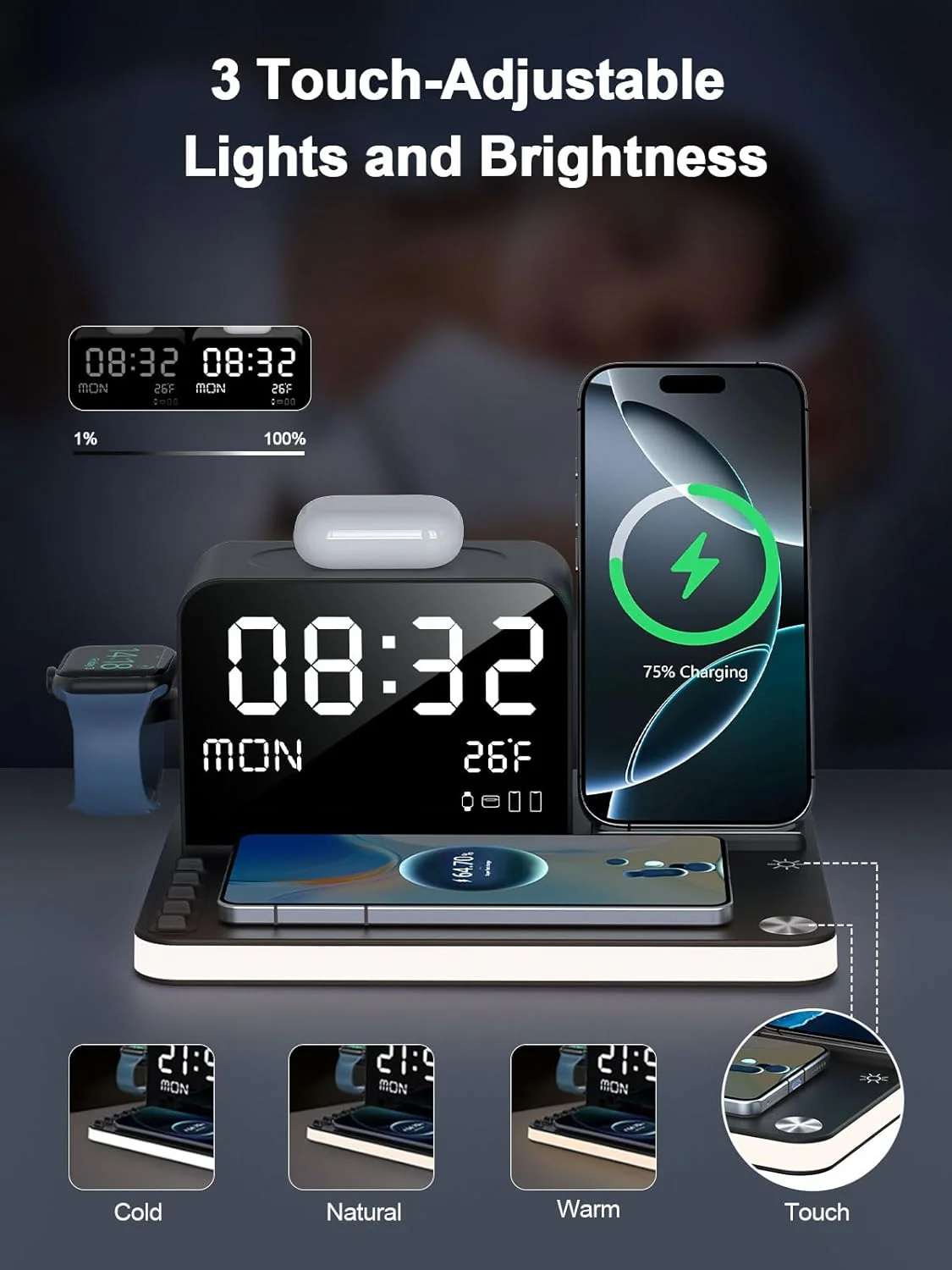 BLKE 7-in-1 Wireless Charging Station with Clock Night Light & Dock in Black NEW - Image 8