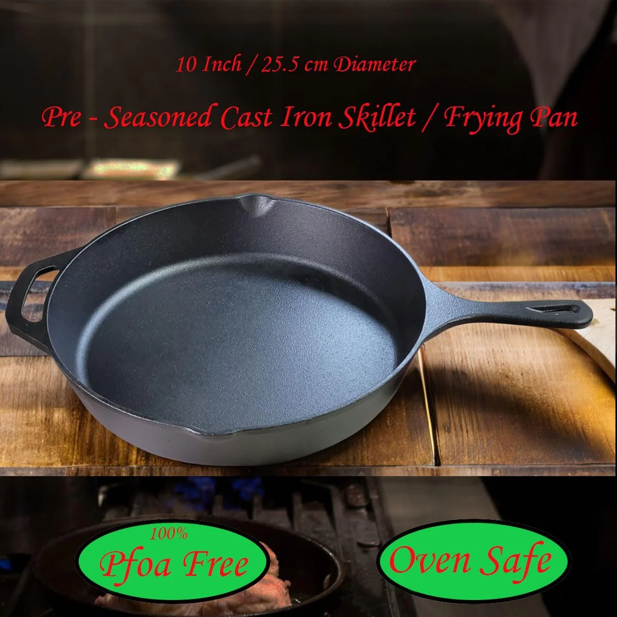 La Cuisine Pre-Seasoned Cast Iron Frying Pan, 10 Inch / 25cm, Black NEW - Image 2