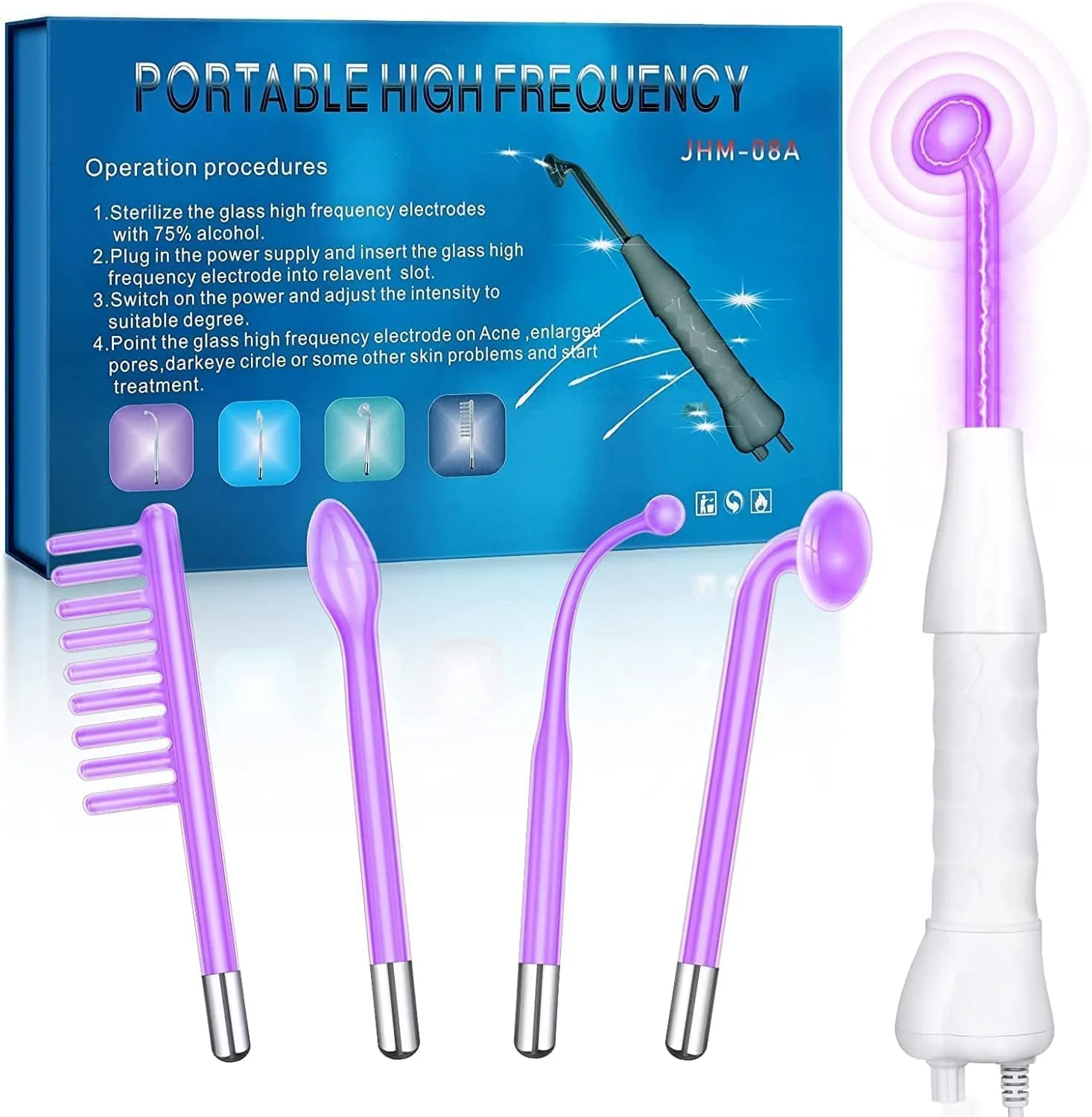 High Frequency Facial Wand 4-Piece Set Wrinkle & Anti-Aging Device White DEMO