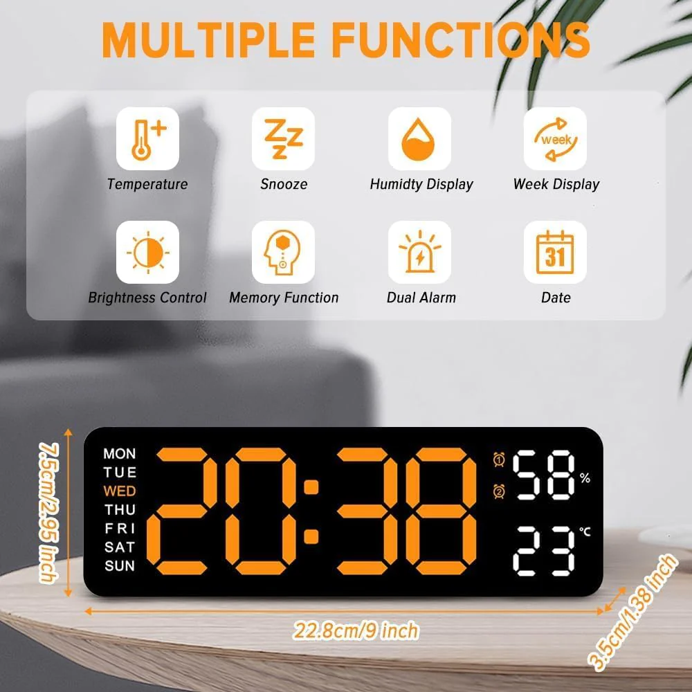9" LED Alarm Clock Bedside Desk Table Black Nightstand Bedroom Decor NEW - Image 2