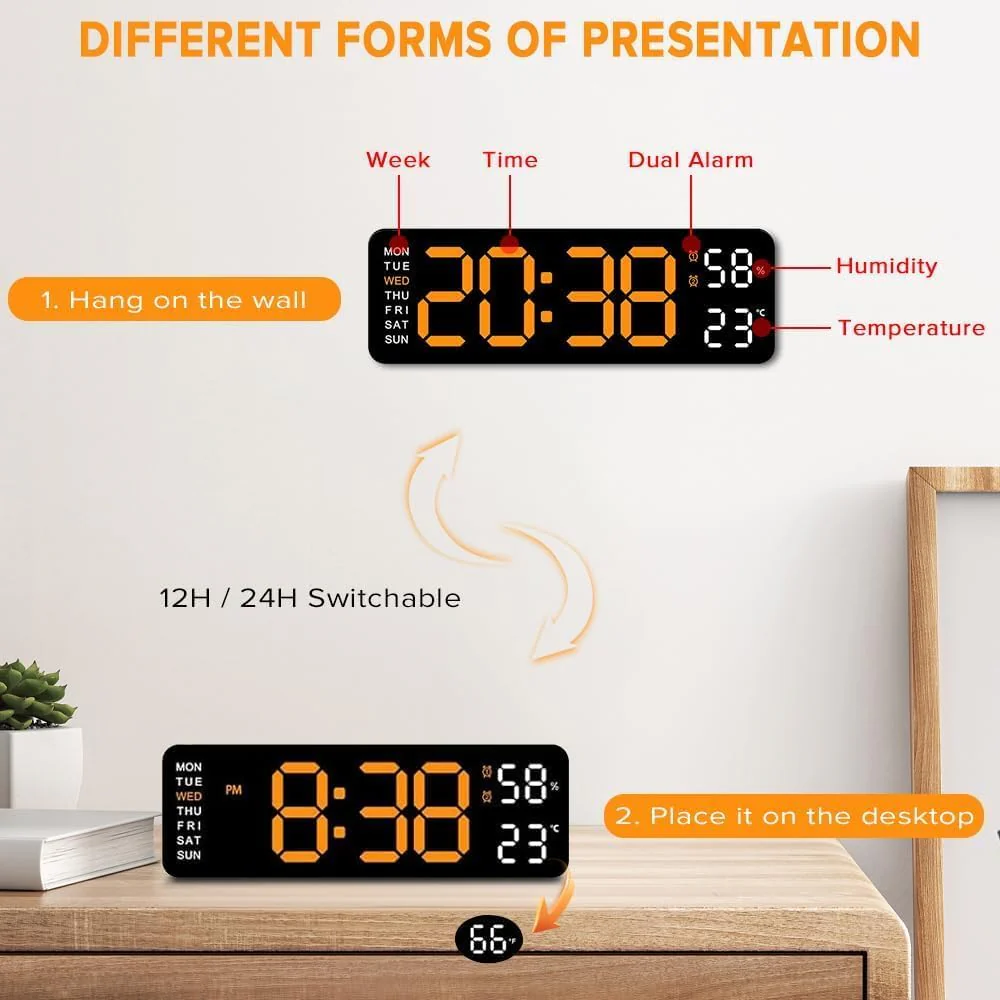 9" LED Alarm Clock Bedside Desk Table Black Nightstand Bedroom Decor NEW - Image 5
