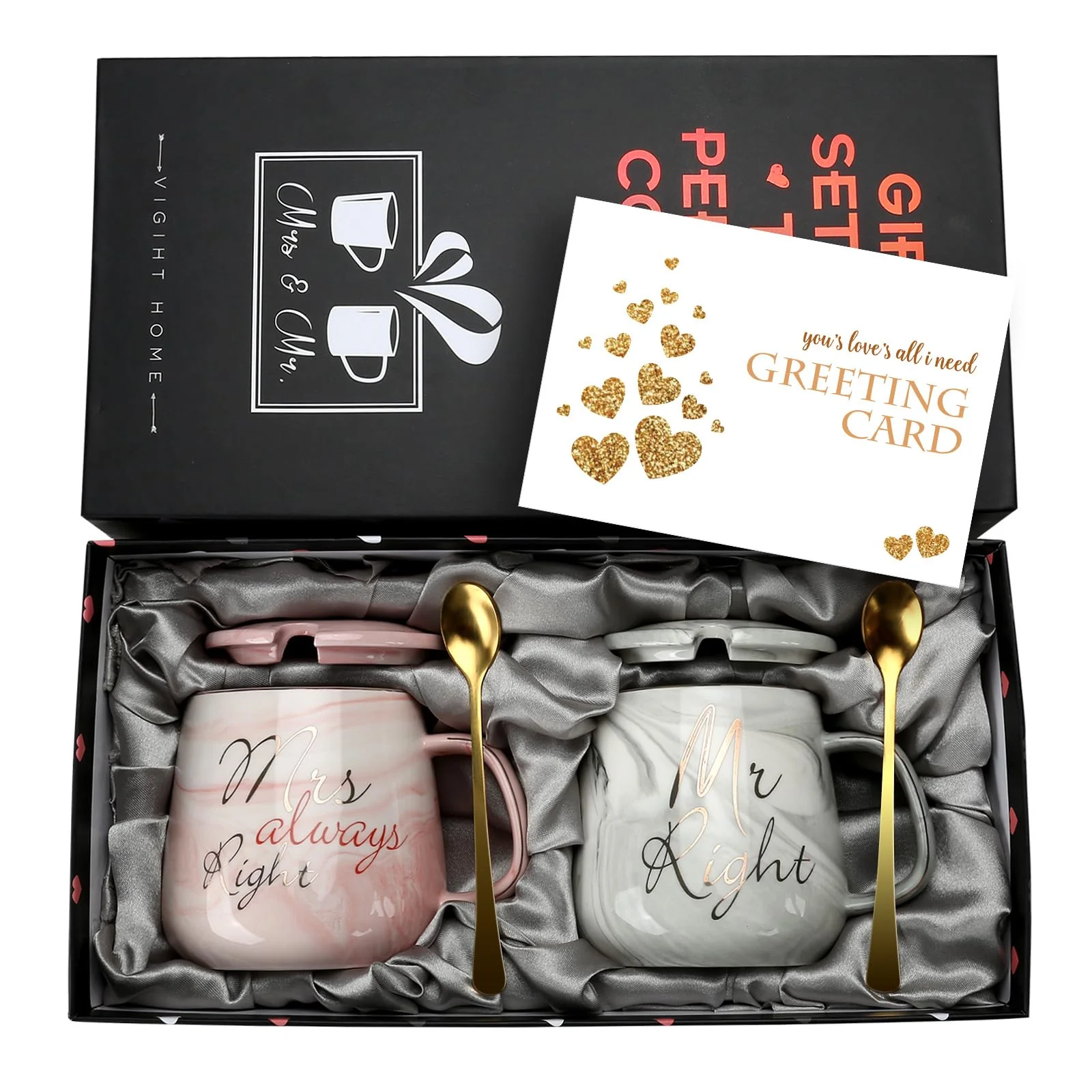 Mr and Mrs Right Pink & Grey Ceramic Coffee Mugs Set of 6 13oz Couples Cups NEW