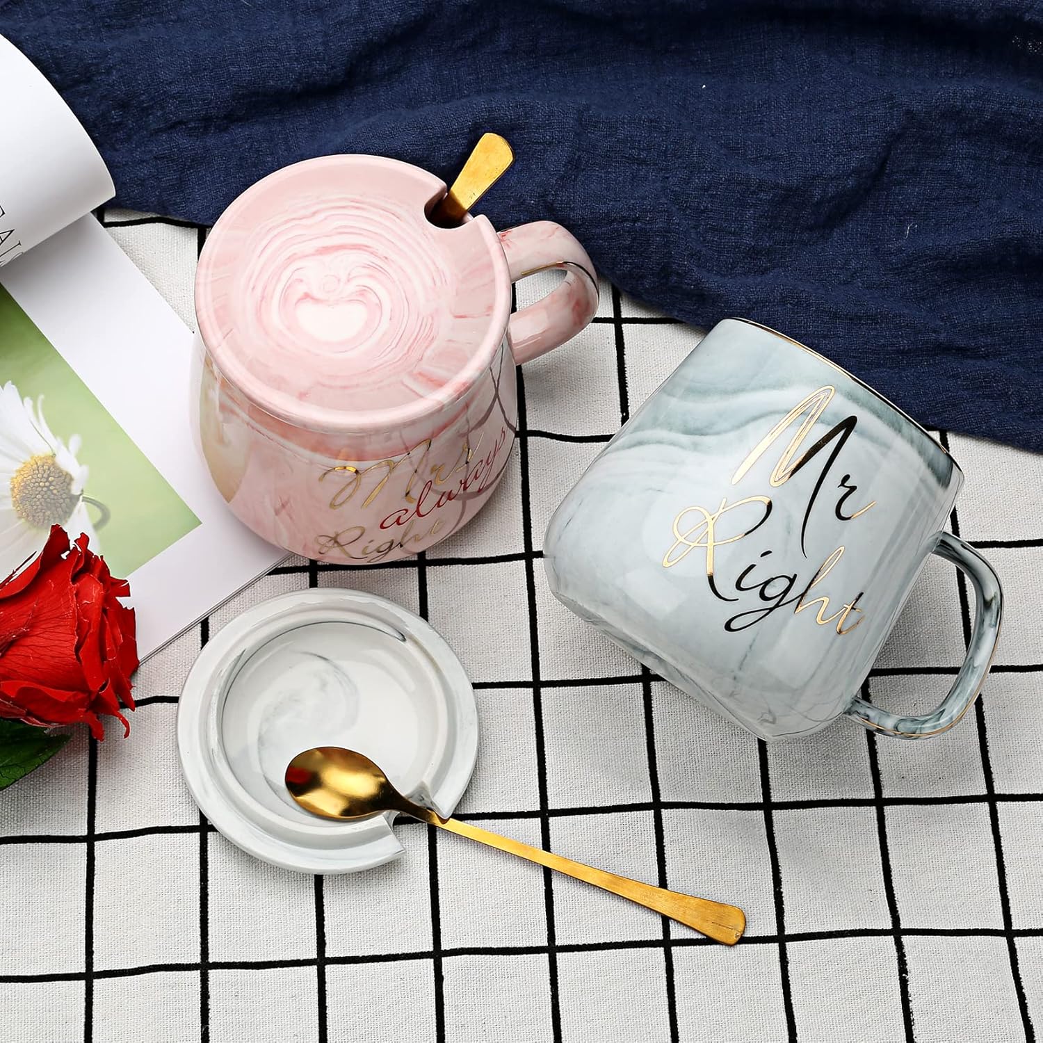 Mr and Mrs Right Pink & Grey Ceramic Coffee Mugs Set of 6 13oz Couples Cups NEW - Image 2