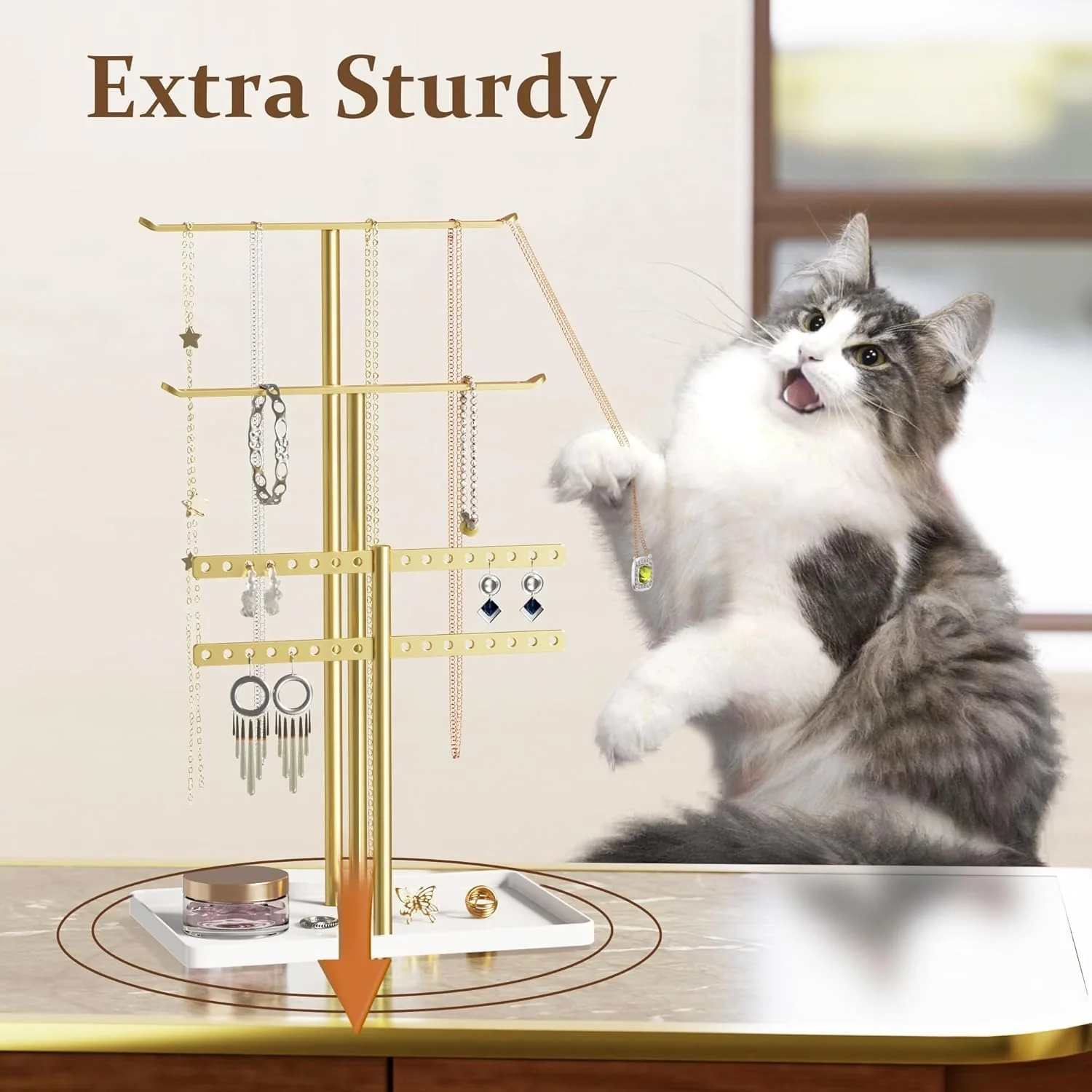 Jewelry Stand Holder Organizer Sturdy Hanger Adjustable 12.5"-17.5" Gold DEMO - Image 3
