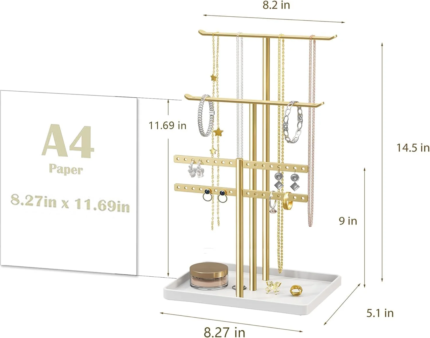 Jewelry Stand Holder Organizer Sturdy Hanger Adjustable 12.5"-17.5" Gold DEMO - Image 4