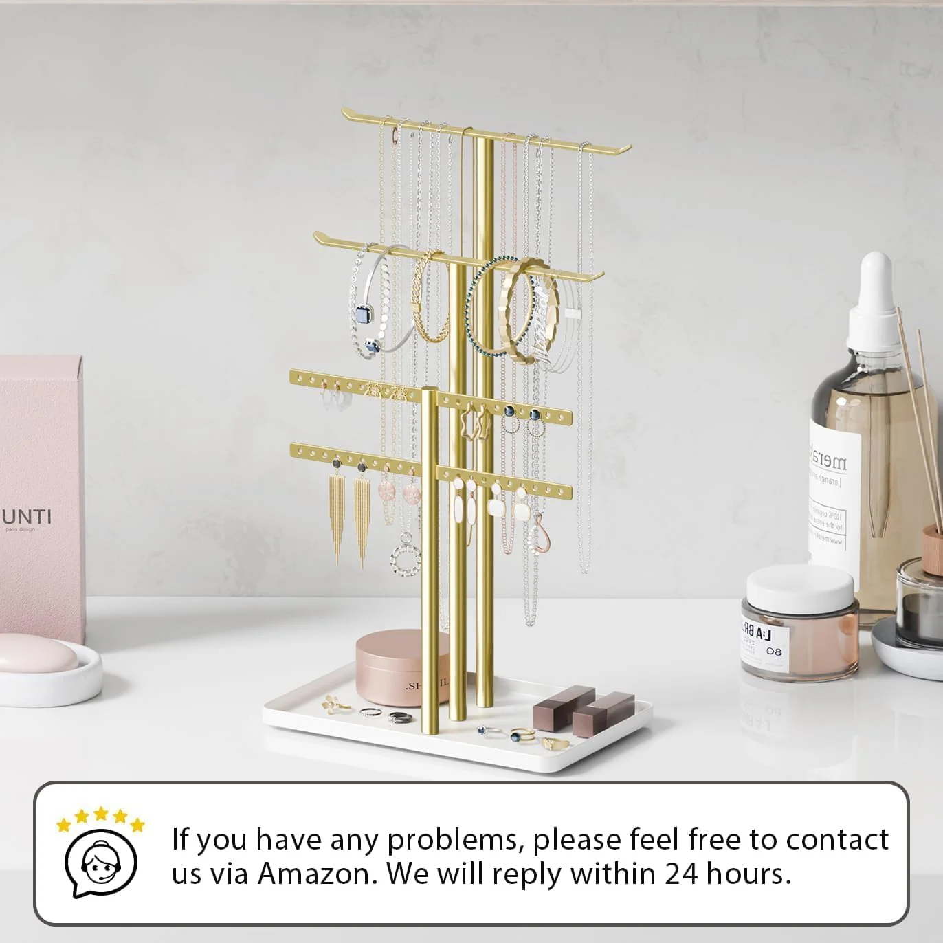 Jewelry Stand Holder Organizer Sturdy Hanger Adjustable 12.5"-17.5" Gold DEMO - Image 6