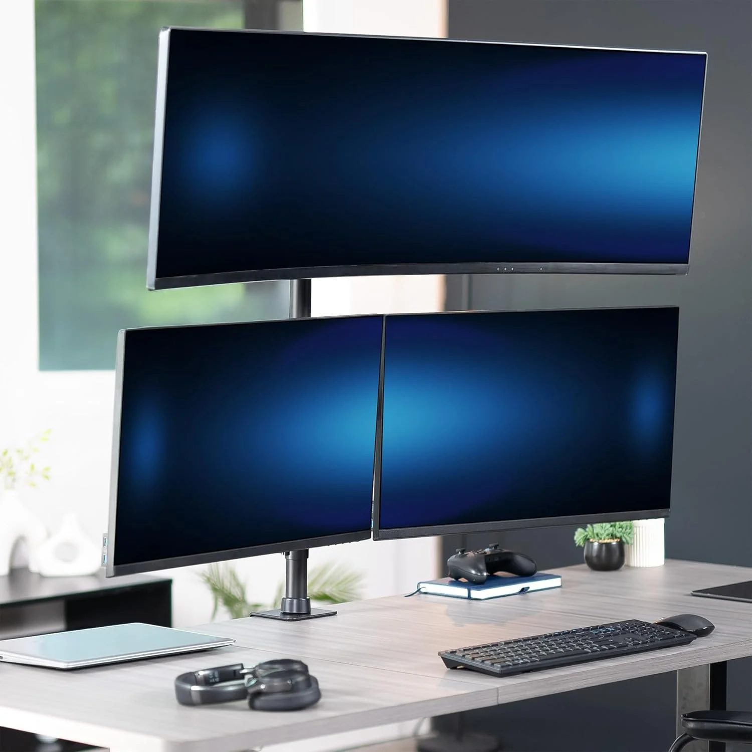 VIVO Adjustable Triple Monitor Desk Mount for Ultrawide Displays Black DEMO - Image 2