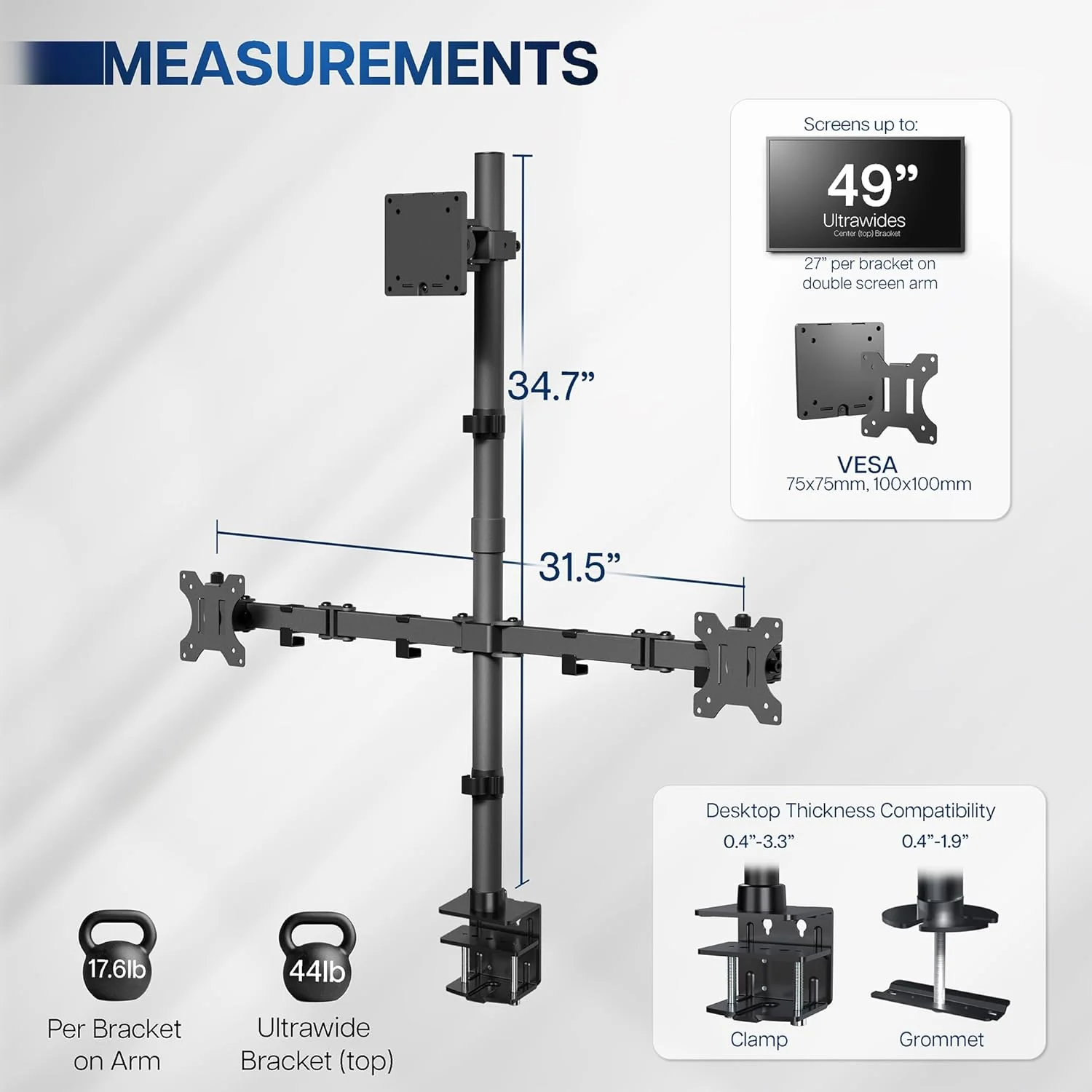 VIVO Adjustable Triple Monitor Desk Mount for Ultrawide Displays Black DEMO - Image 3
