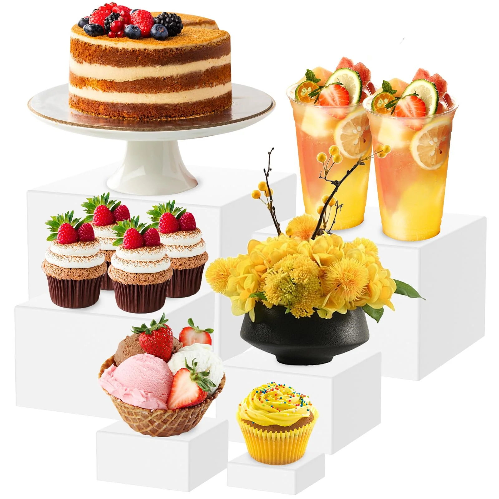 Acrylic Display Risers Square Buffet Stands Food Jewelry Showcase White DEMO