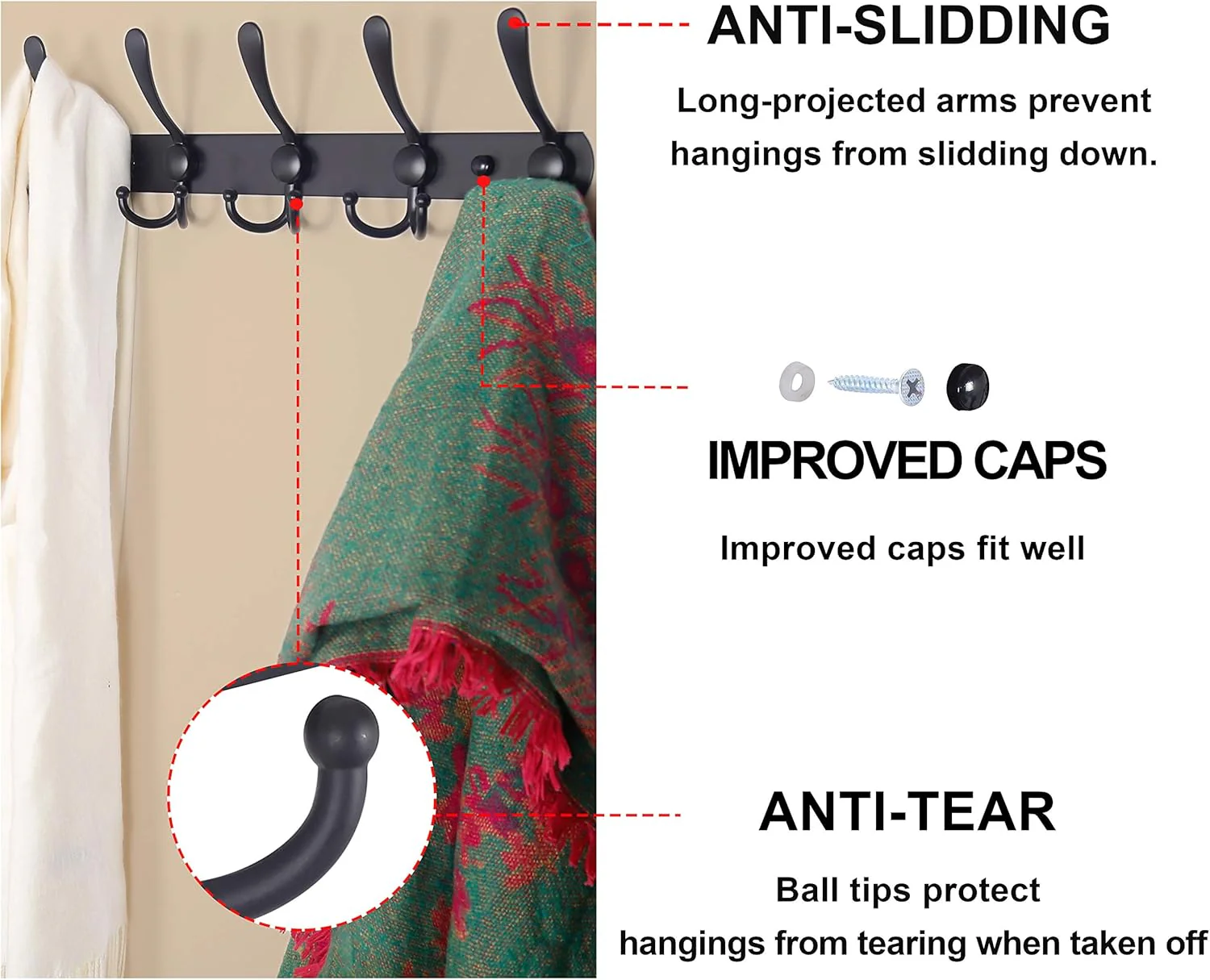 Heavy Duty 5-Hook Stainless Steel Coat Rack Wall Mount, Black Hooks DEMO - Image 2
