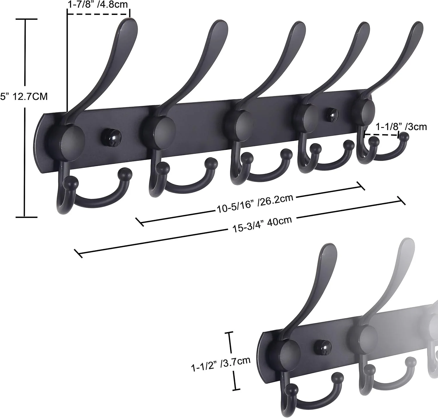 Heavy Duty 5-Hook Stainless Steel Coat Rack Wall Mount, Black Hooks DEMO - Image 6