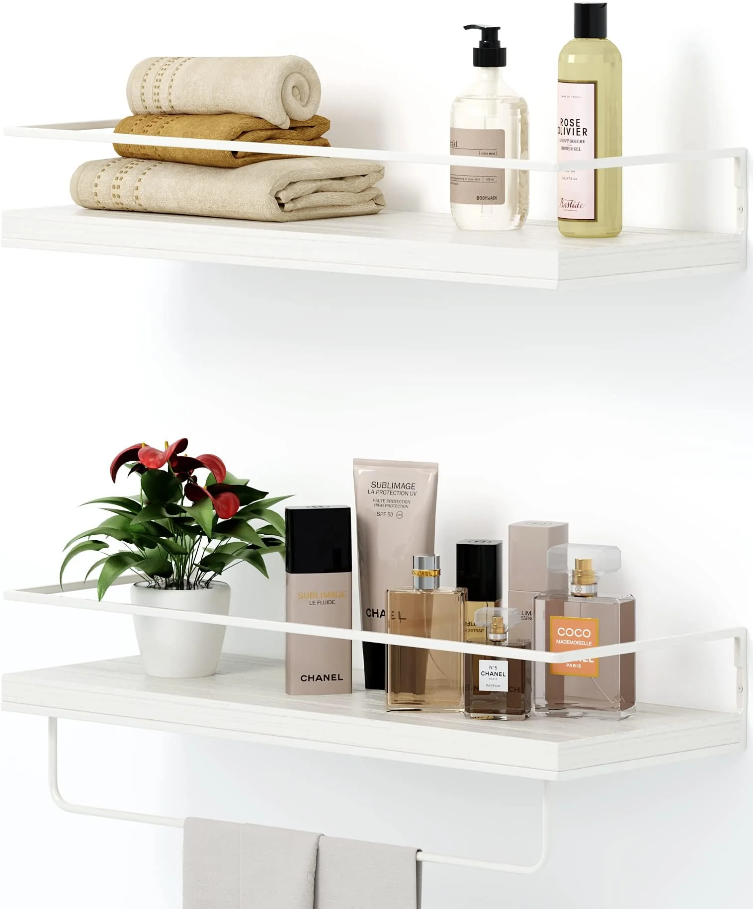Decorative Floating Wall Shelves with Towel Rack, White, 40x35cm NEW