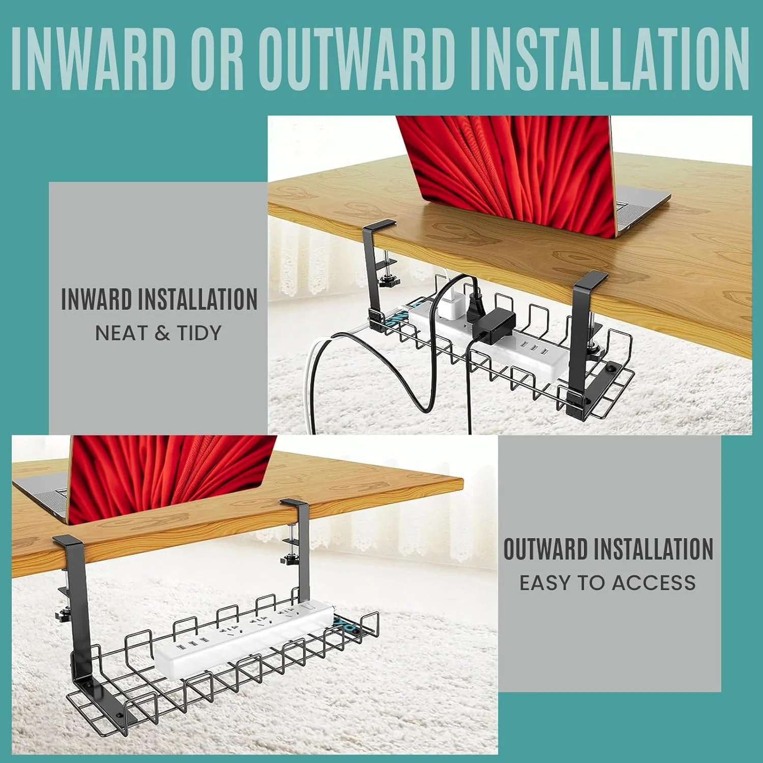 Sturdy Metal Cable Organizer Tray Desk Cord Management Black Size 40x12cm DEMO - Image 3