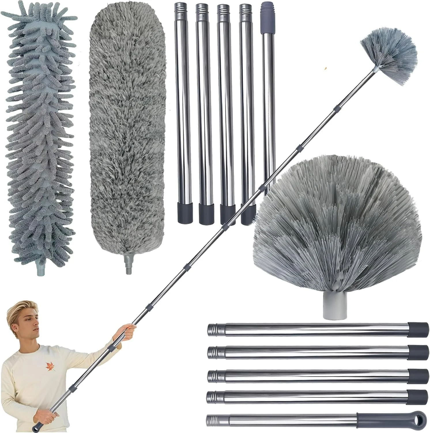 Extendable Duster Kit with 3-14 Ft Pole for Cleaning Ceiling Fans, Vents & DEMO