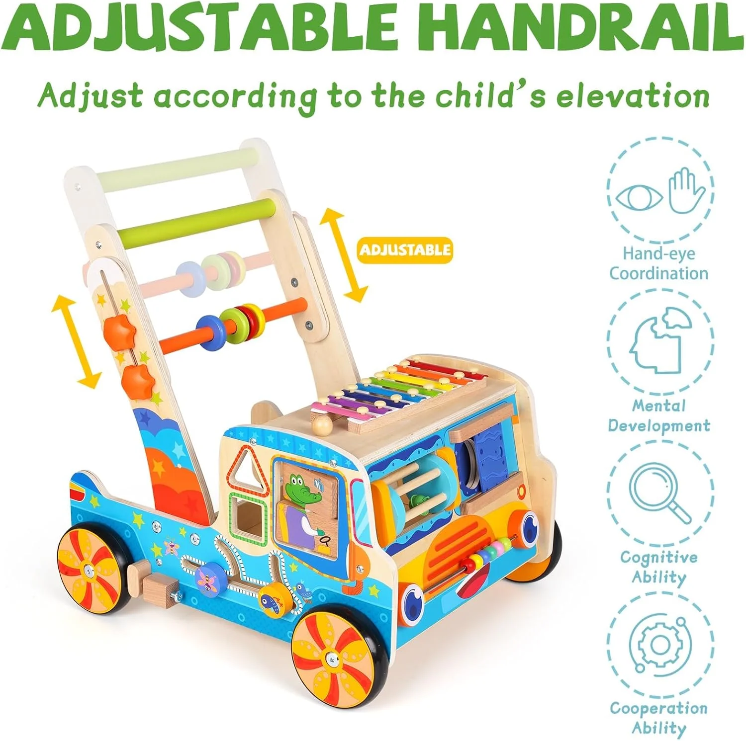 Natural Wood Montessori Baby Walker Toy with Shape Sorter Push Pull DEMO - Image 2