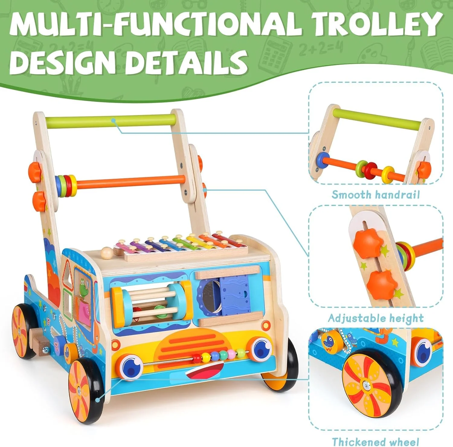 Natural Wood Montessori Baby Walker Toy with Shape Sorter Push Pull DEMO - Image 5
