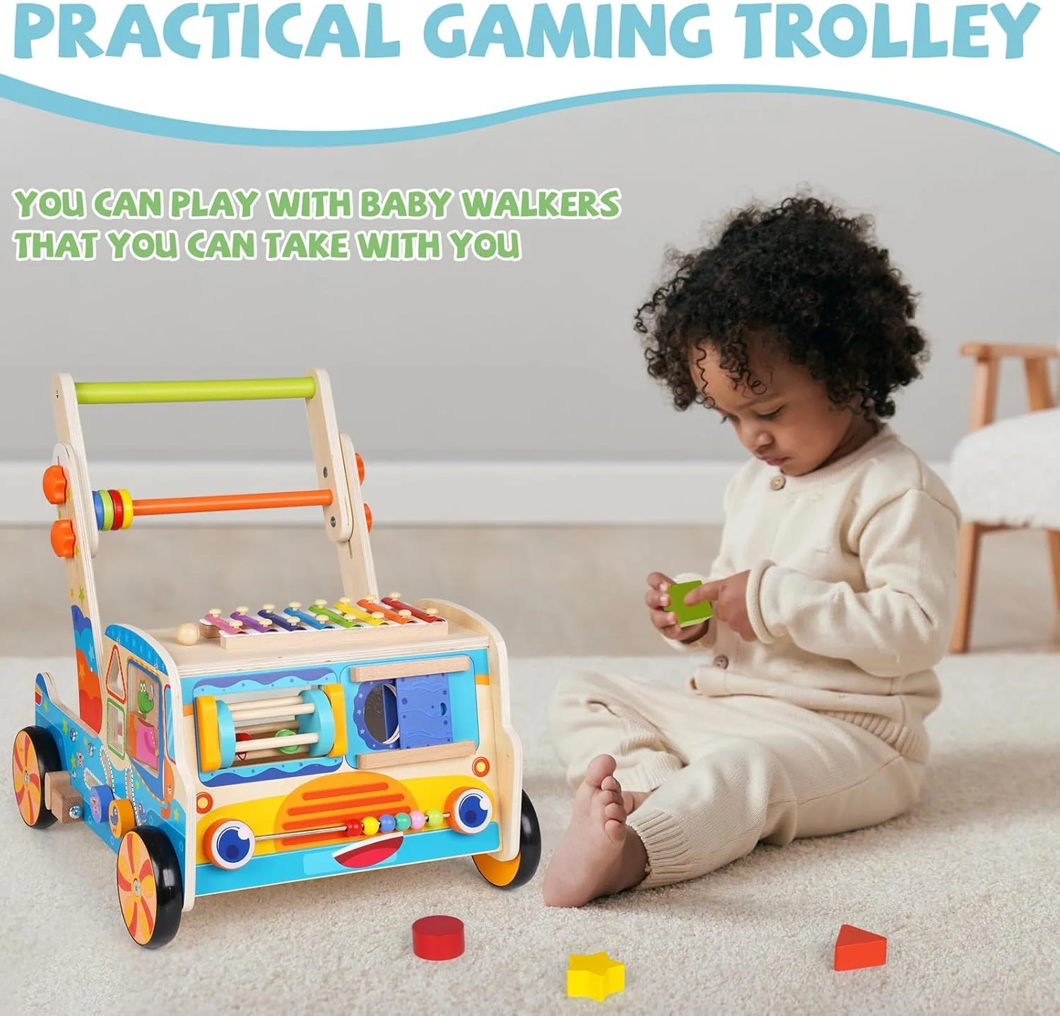 Natural Wood Montessori Baby Walker Toy with Shape Sorter Push Pull DEMO - Image 6