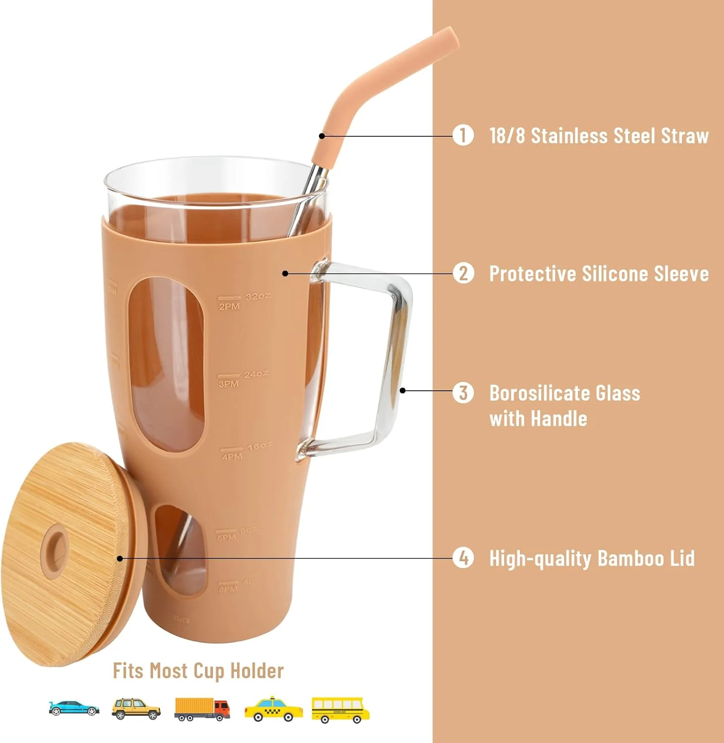 Tronco 32oz Glass Tumbler with Bamboo Lid Straw Reusable Borosilicate NEW - Image 3