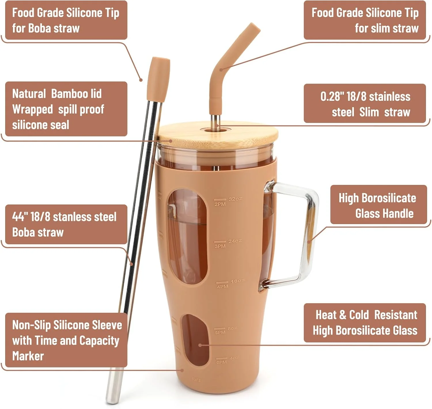 Tronco 32oz Glass Tumbler with Bamboo Lid Straw Reusable Borosilicate NEW - Image 4