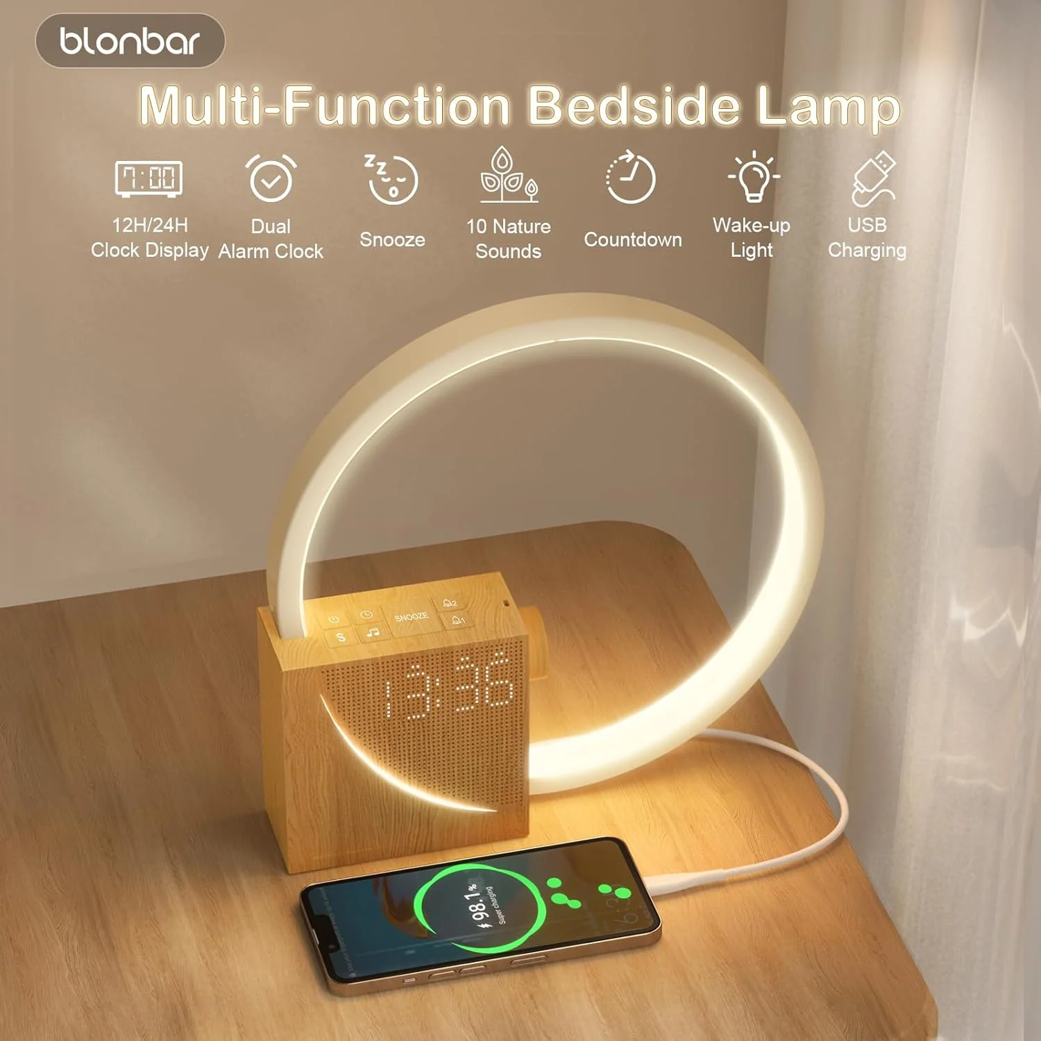 blonbar Sunrise Alarm Clock Wake Up Light Dual Alarms Water Transfer Wood DEMO - Image 2