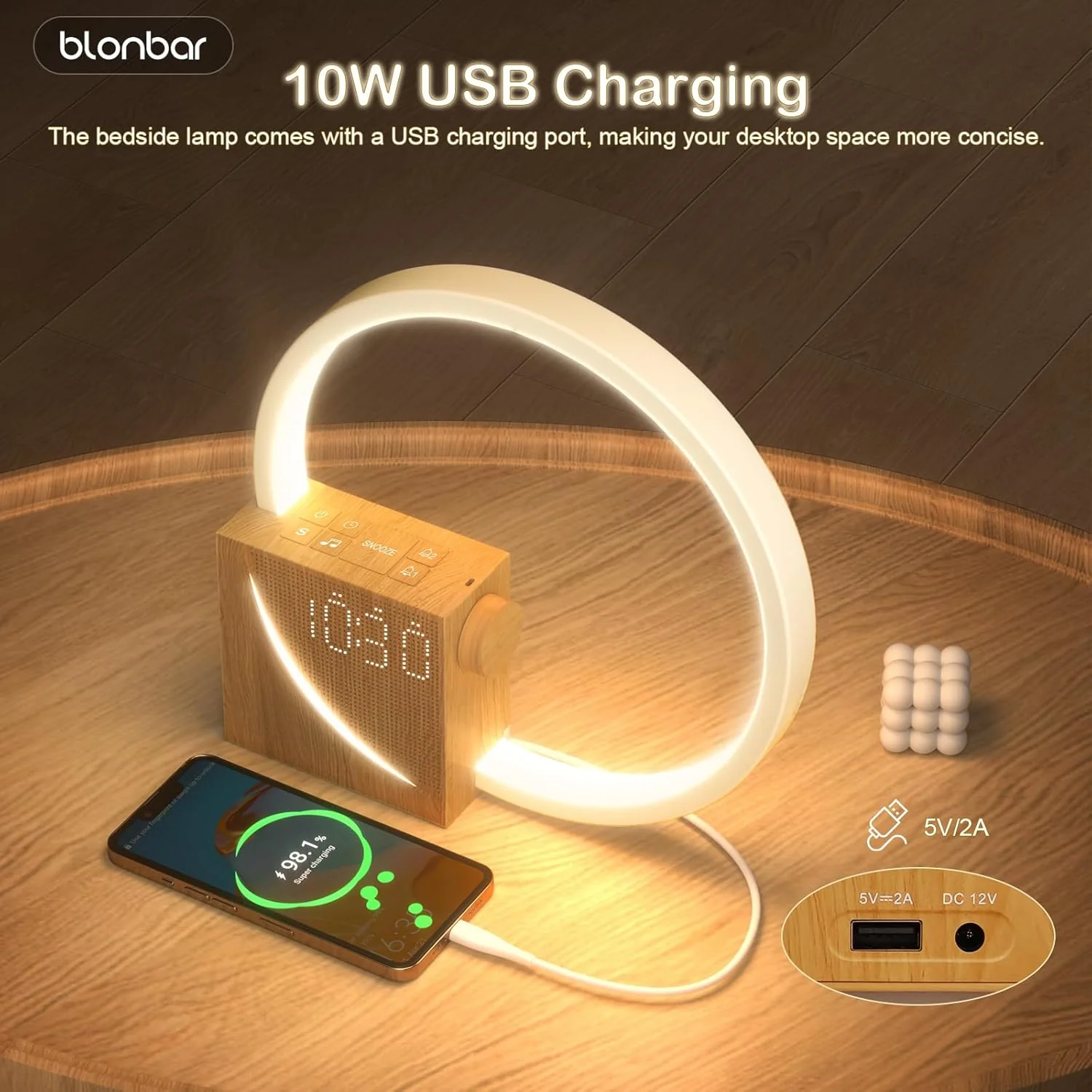 blonbar Sunrise Alarm Clock Wake Up Light Dual Alarms Water Transfer Wood DEMO - Image 3