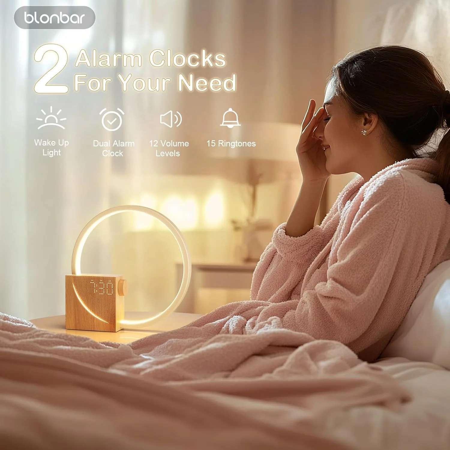 blonbar Sunrise Alarm Clock Wake Up Light Dual Alarms Water Transfer Wood DEMO - Image 4