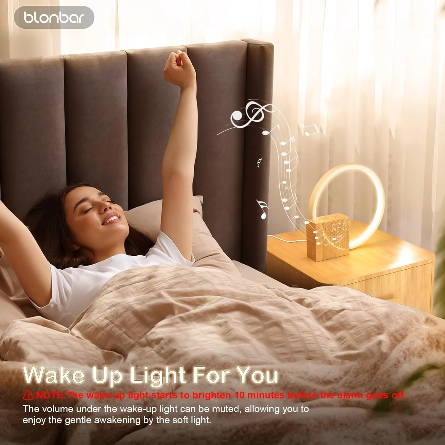 blonbar Sunrise Alarm Clock Wake Up Light Dual Alarms Water Transfer Wood DEMO - Image 5