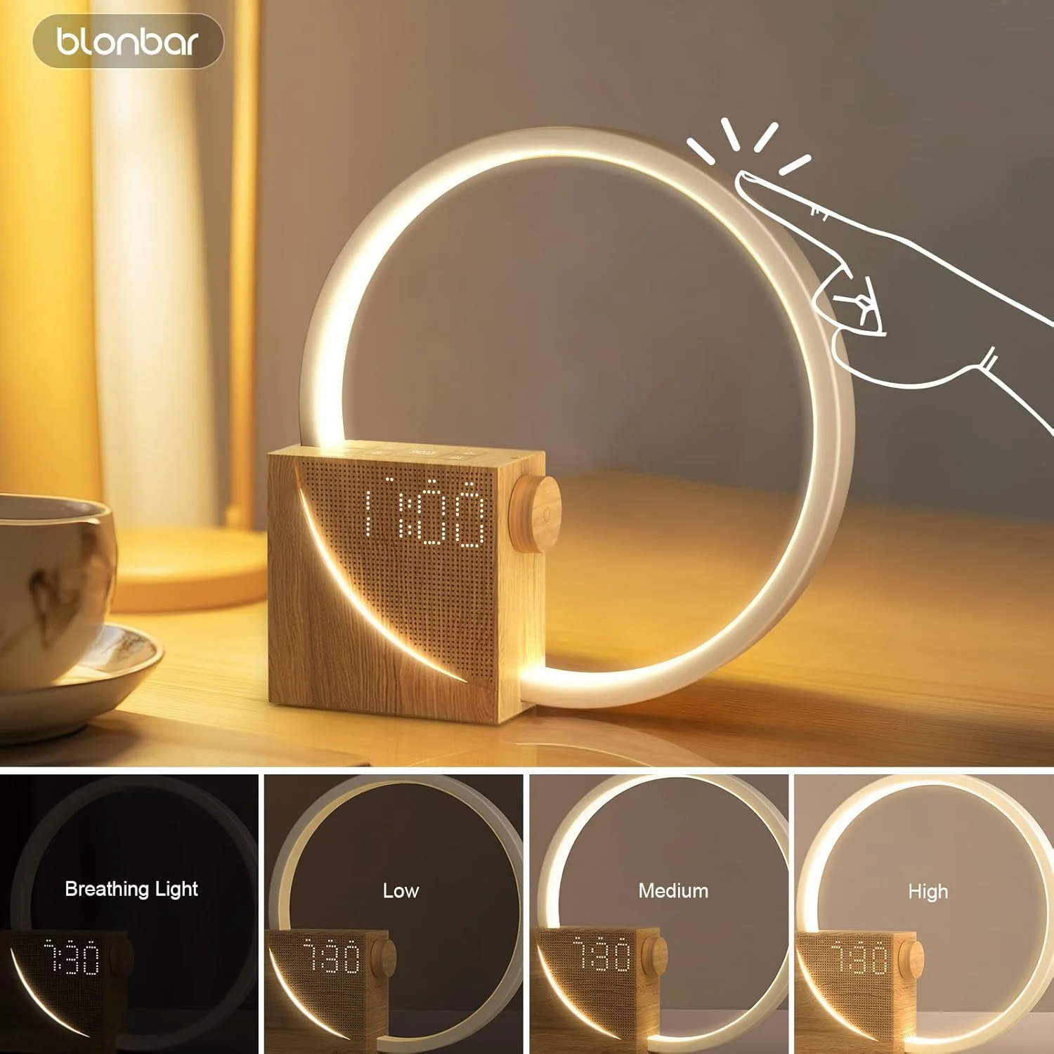 blonbar Sunrise Alarm Clock Wake Up Light Dual Alarms Water Transfer Wood DEMO - Image 7