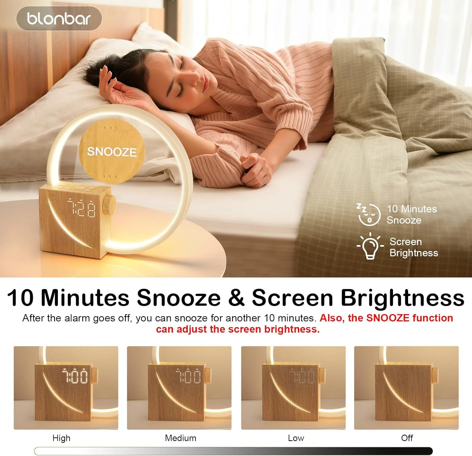 blonbar Sunrise Alarm Clock Wake Up Light Dual Alarms Water Transfer Wood DEMO - Image 8
