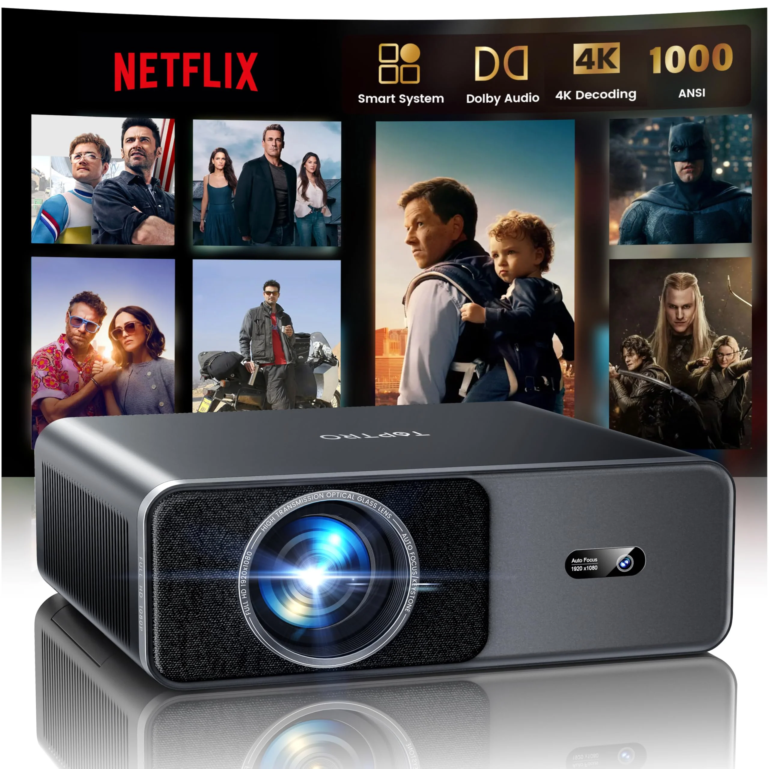 TOPTRO A1 4K Projectors Smart Projector with Built-in Apps, Dolby Audio, Grey