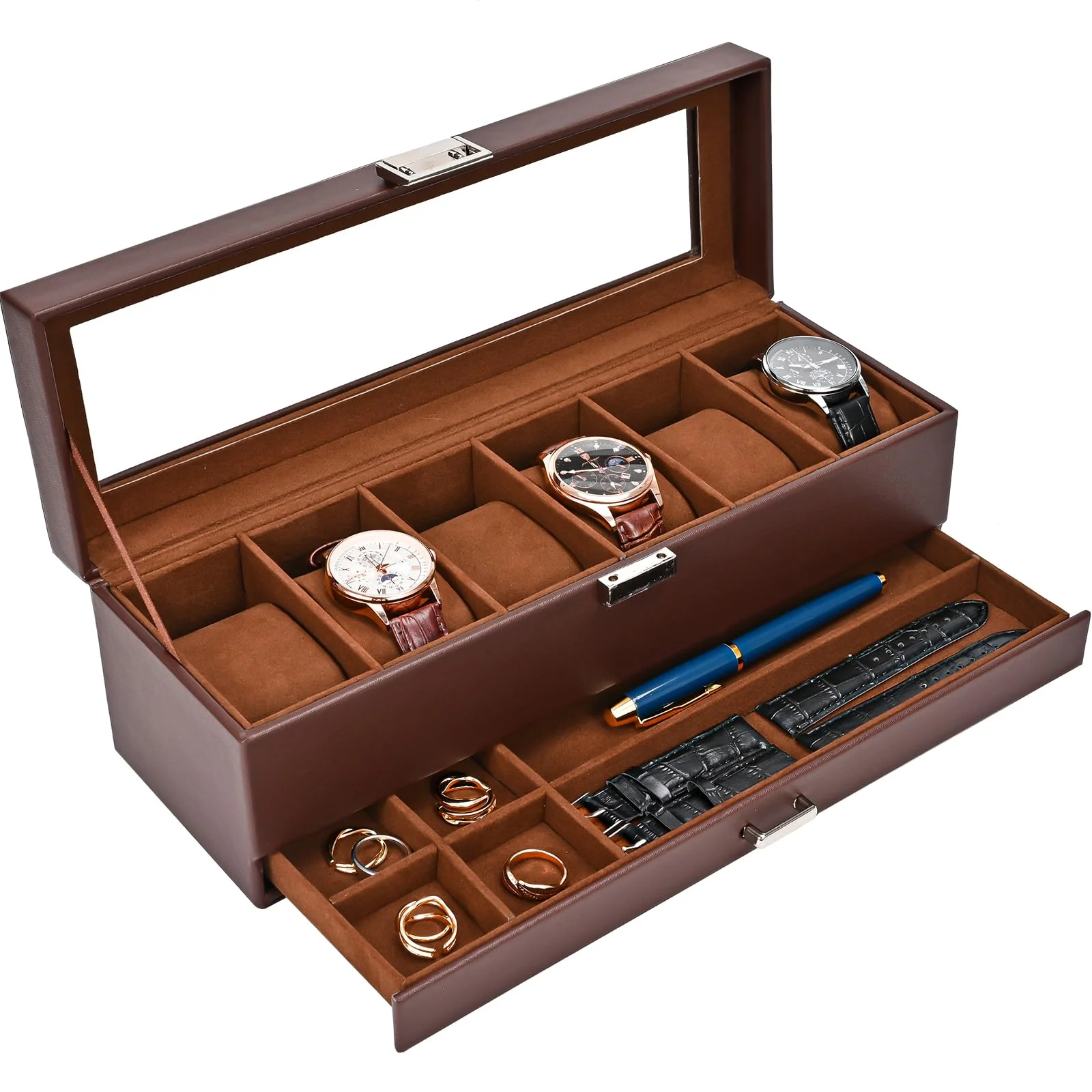 Faux Mens Leather Watch Box Organizer, 6 Slot Double Layer, Espresso DEMO