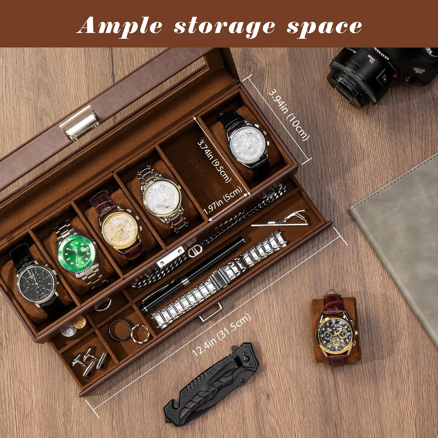 Faux Mens Leather Watch Box Organizer, 6 Slot Double Layer, Espresso DEMO - Image 2