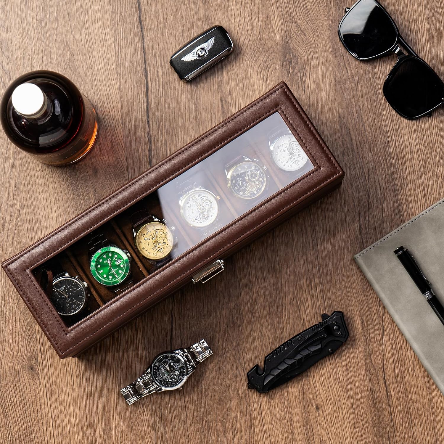 Faux Mens Leather Watch Box Organizer, 6 Slot Double Layer, Espresso DEMO - Image 3