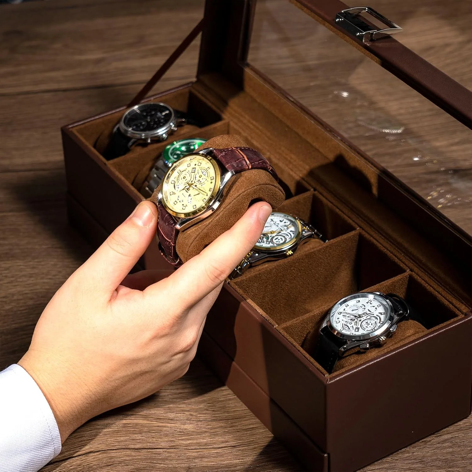 Faux Mens Leather Watch Box Organizer, 6 Slot Double Layer, Espresso DEMO - Image 4