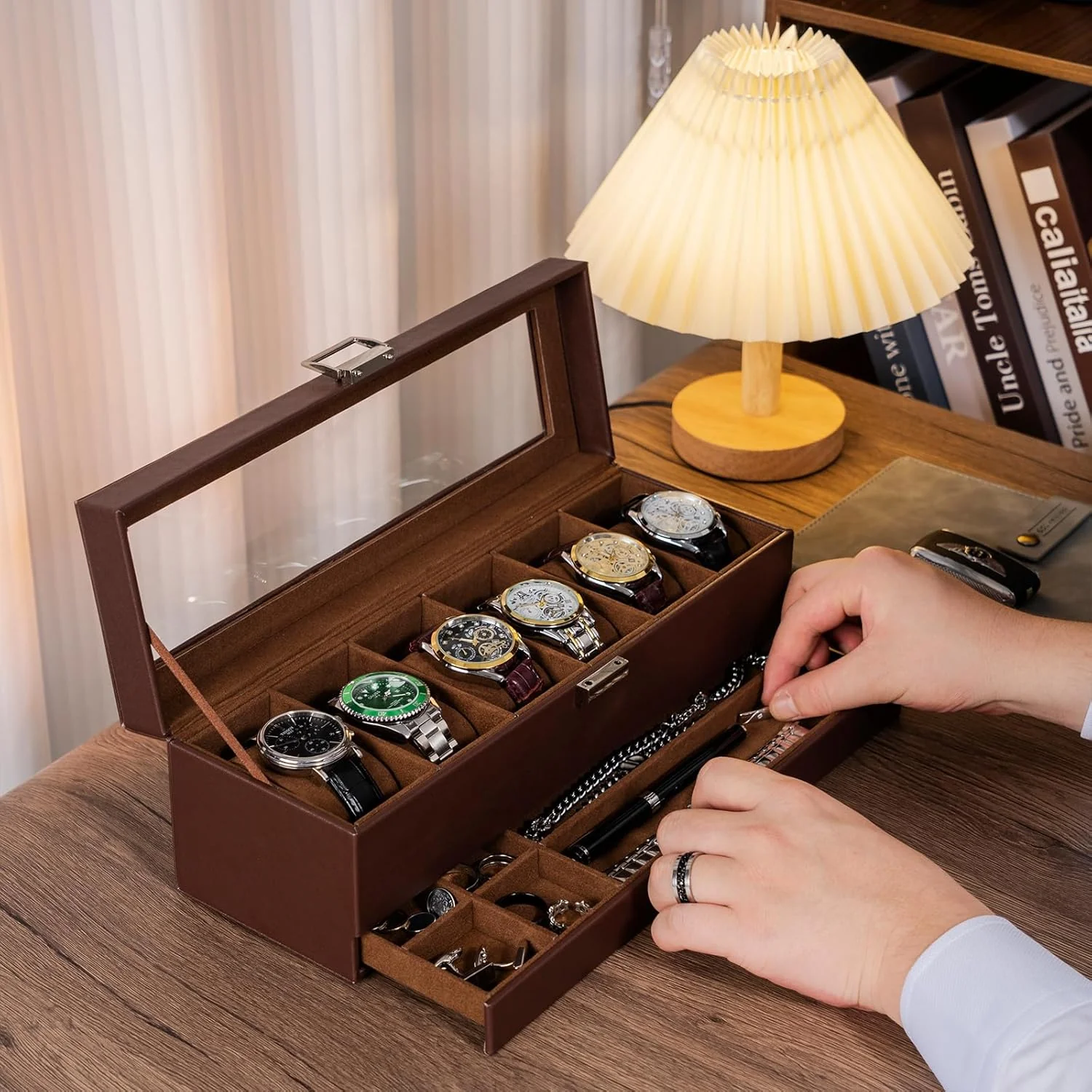 Faux Mens Leather Watch Box Organizer, 6 Slot Double Layer, Espresso DEMO - Image 5