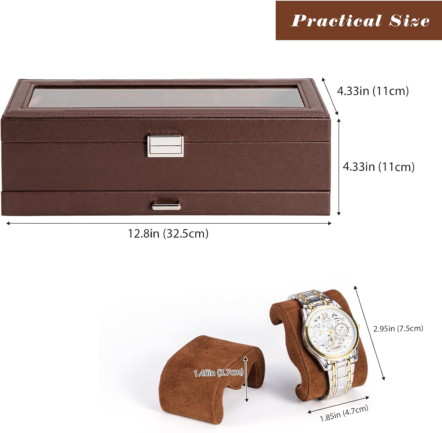 Faux Mens Leather Watch Box Organizer, 6 Slot Double Layer, Espresso DEMO - Image 6