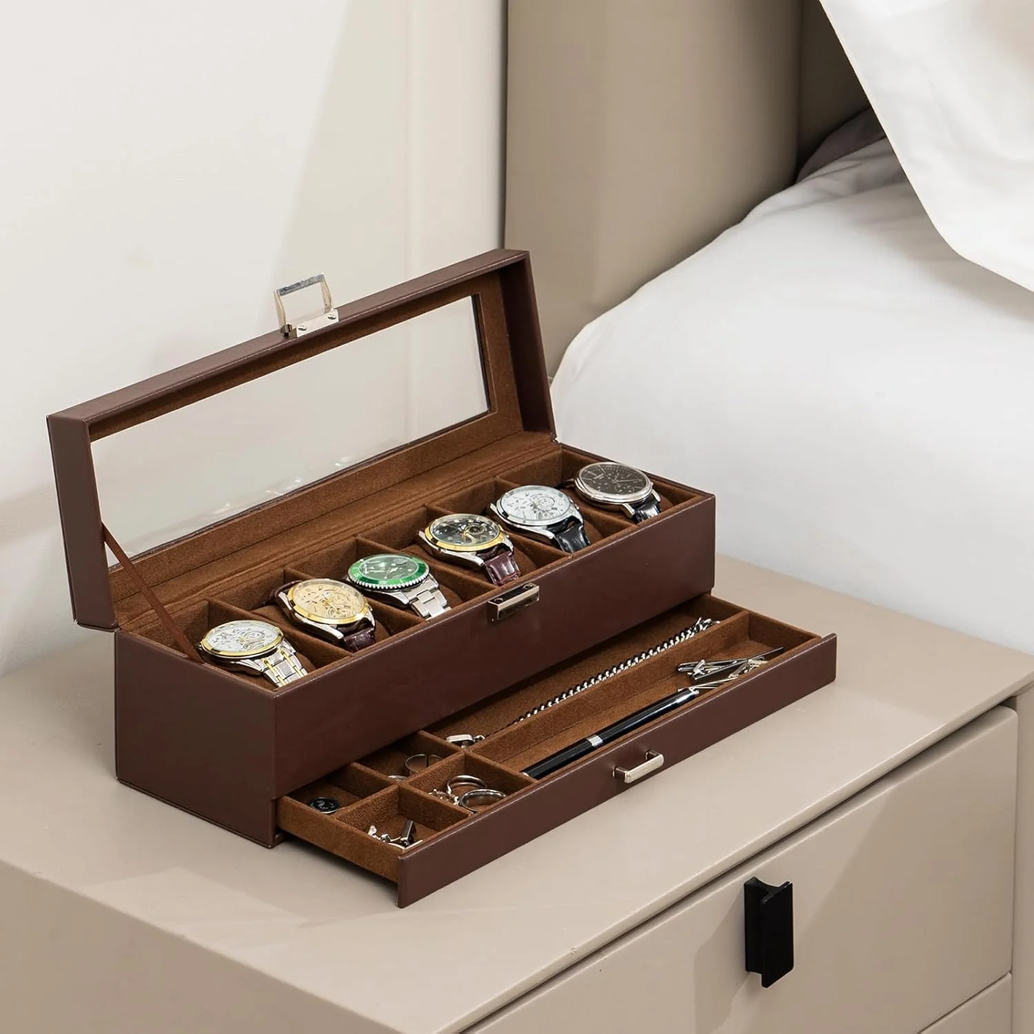 Faux Mens Leather Watch Box Organizer, 6 Slot Double Layer, Espresso DEMO - Image 7