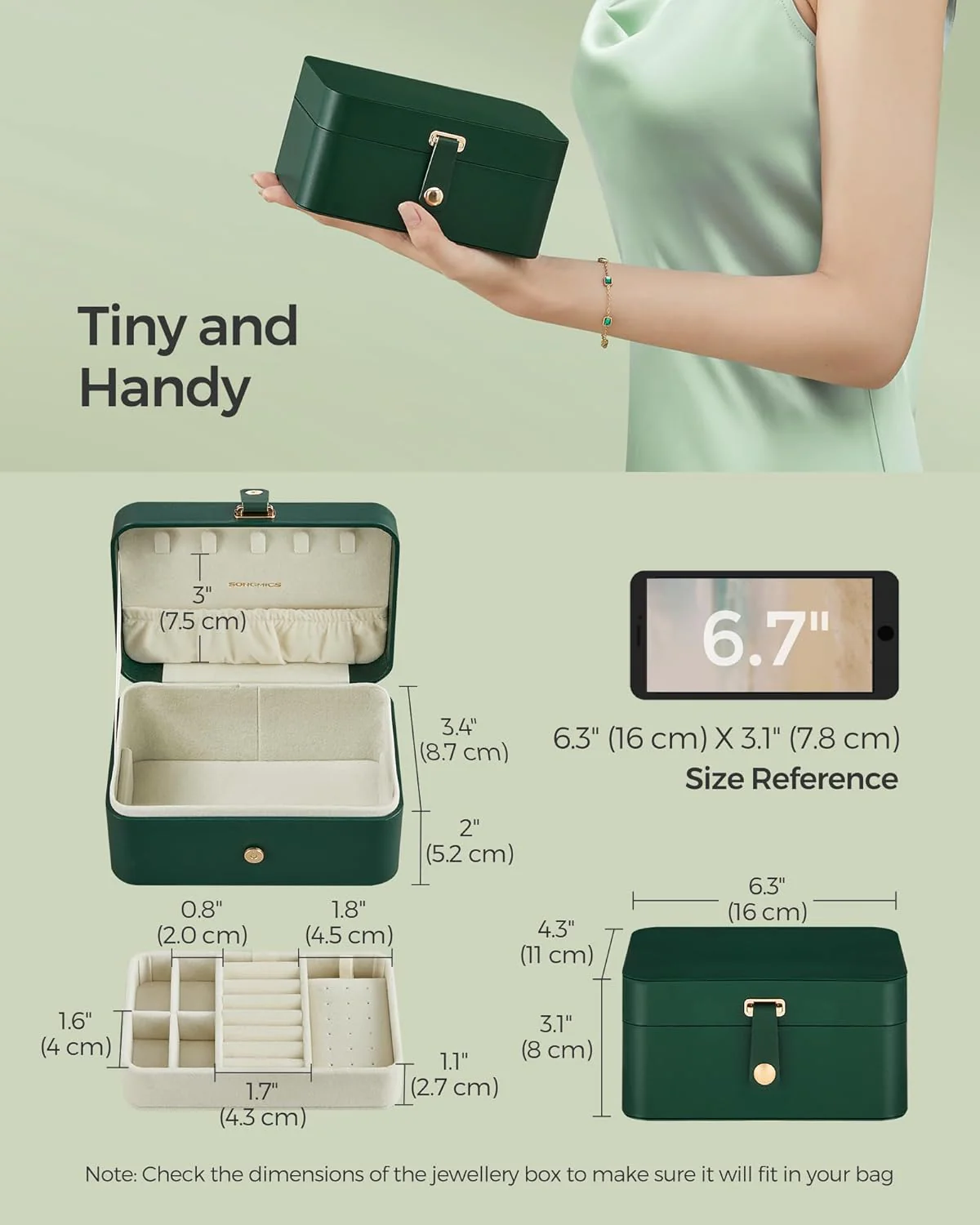 SONGMICS 2-Tier Portable Jewelry Storage Box Organizer, Forest Green, NEW - Image 3