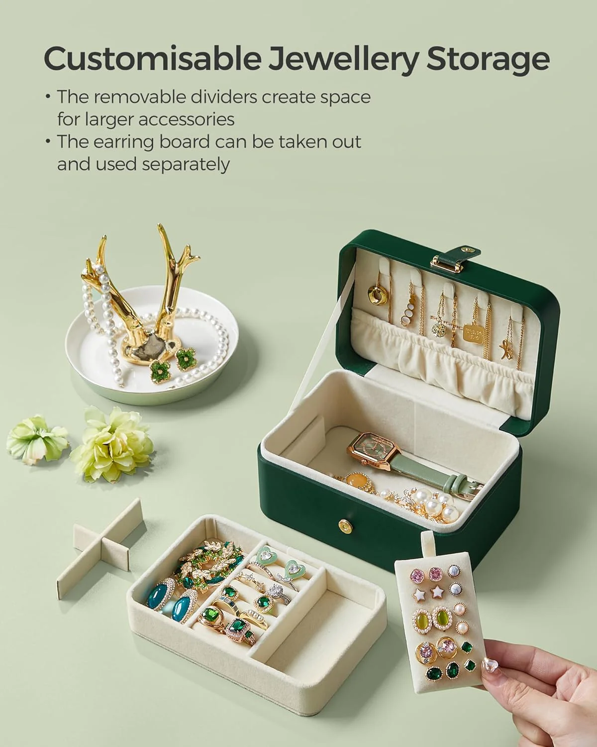 SONGMICS 2-Tier Portable Jewelry Storage Box Organizer, Forest Green, NEW - Image 5