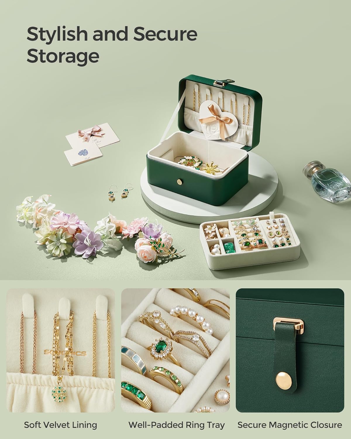 SONGMICS 2-Tier Portable Jewelry Storage Box Organizer, Forest Green, NEW - Image 6