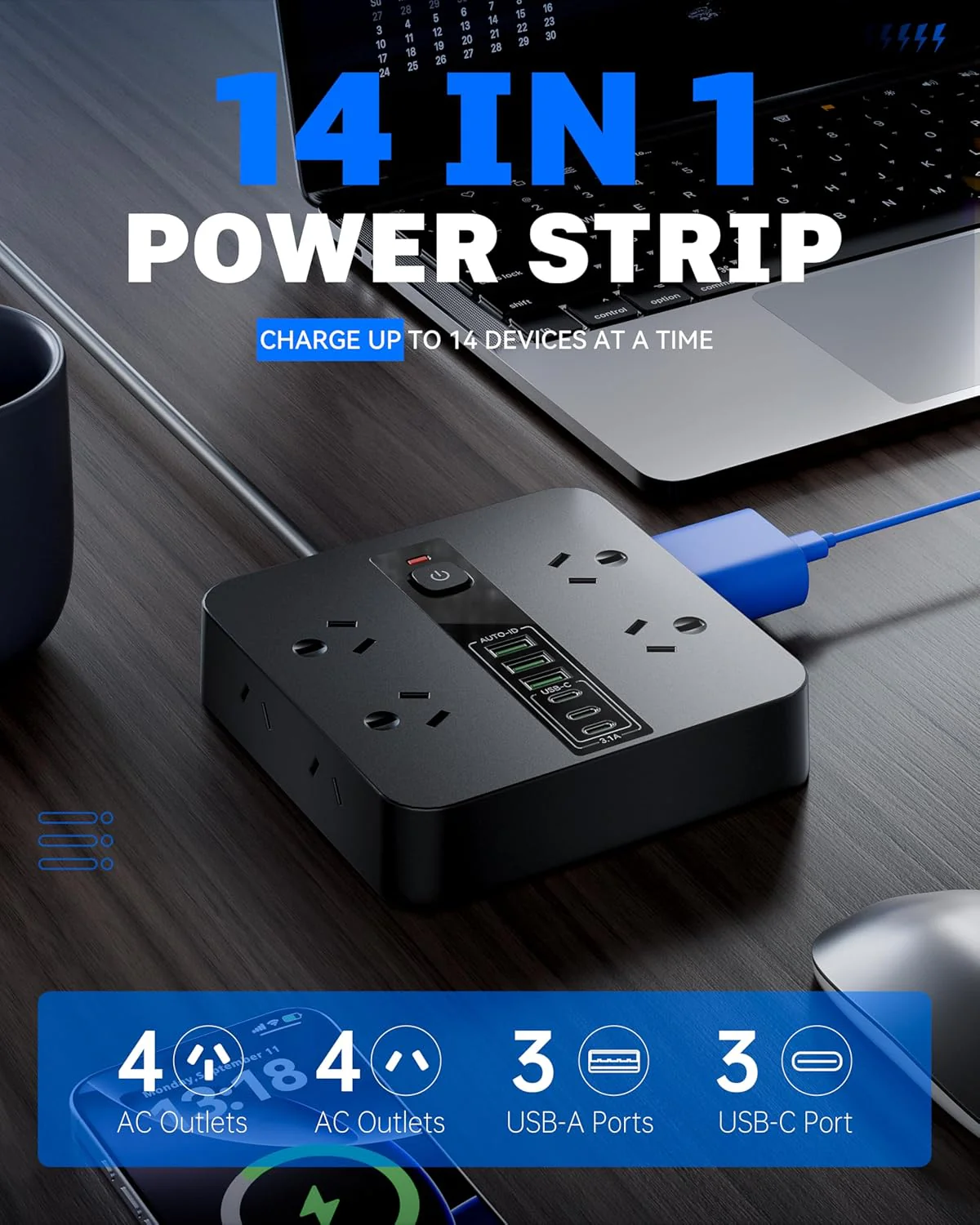 8-Outlet Power Strip with 6 USB Ports (3 USB-C) Electrical Charging Black NEW - Image 2