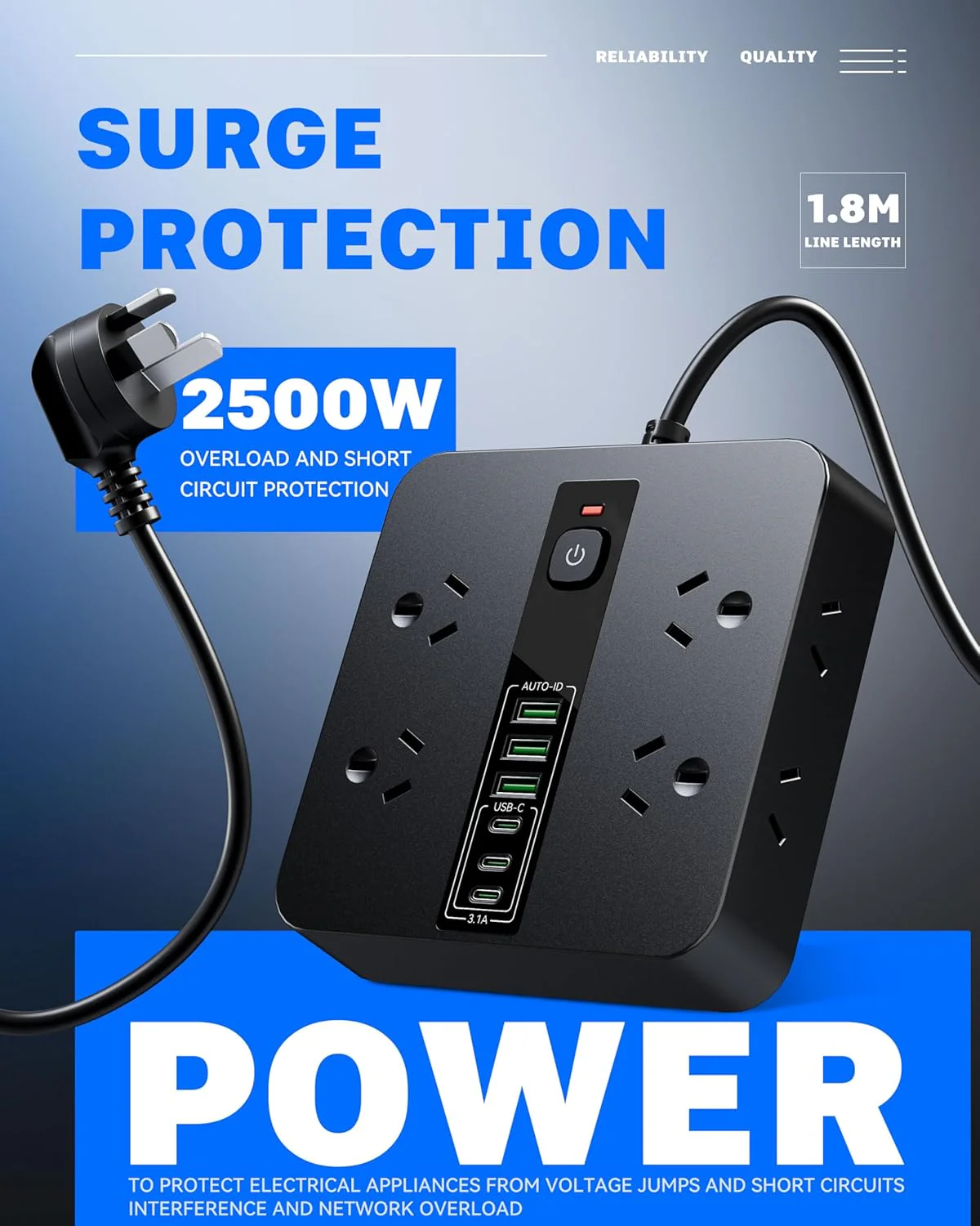 8-Outlet Power Strip with 6 USB Ports (3 USB-C) Electrical Charging Black NEW - Image 3