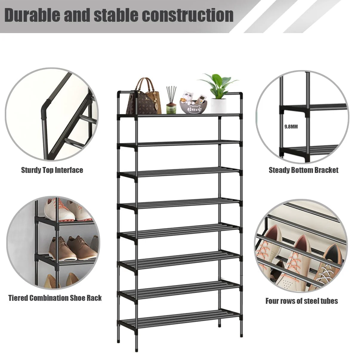 8-Tier Vertical Shoe Rack Storage Organizer Black 23.6 x 10.2 56.7 inches DEMO - Image 4