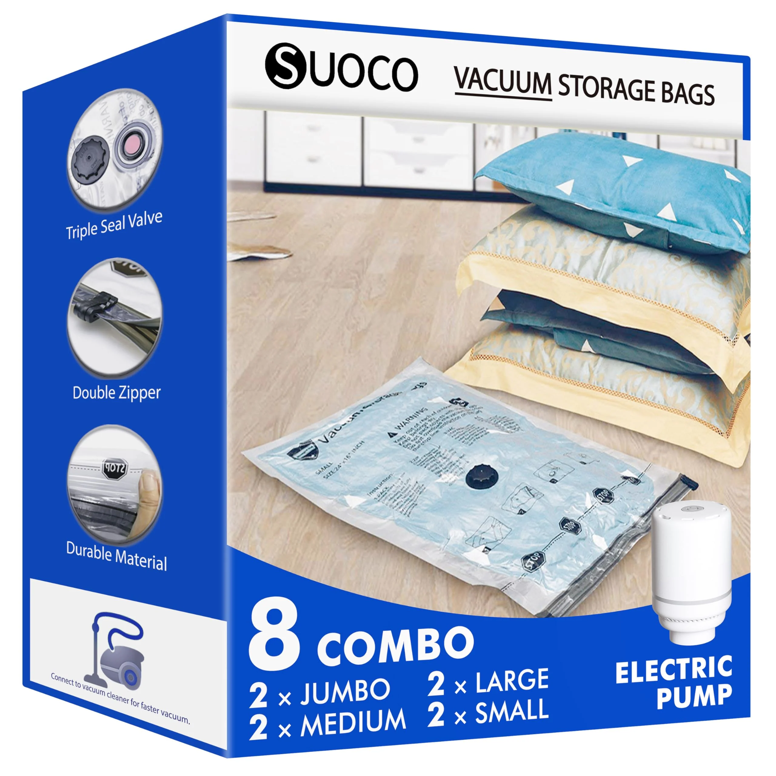 SUOCO Vacuum 8Pce Storage Bags Hand Pump, 2 Jumbo, Large, Medium, DEMO