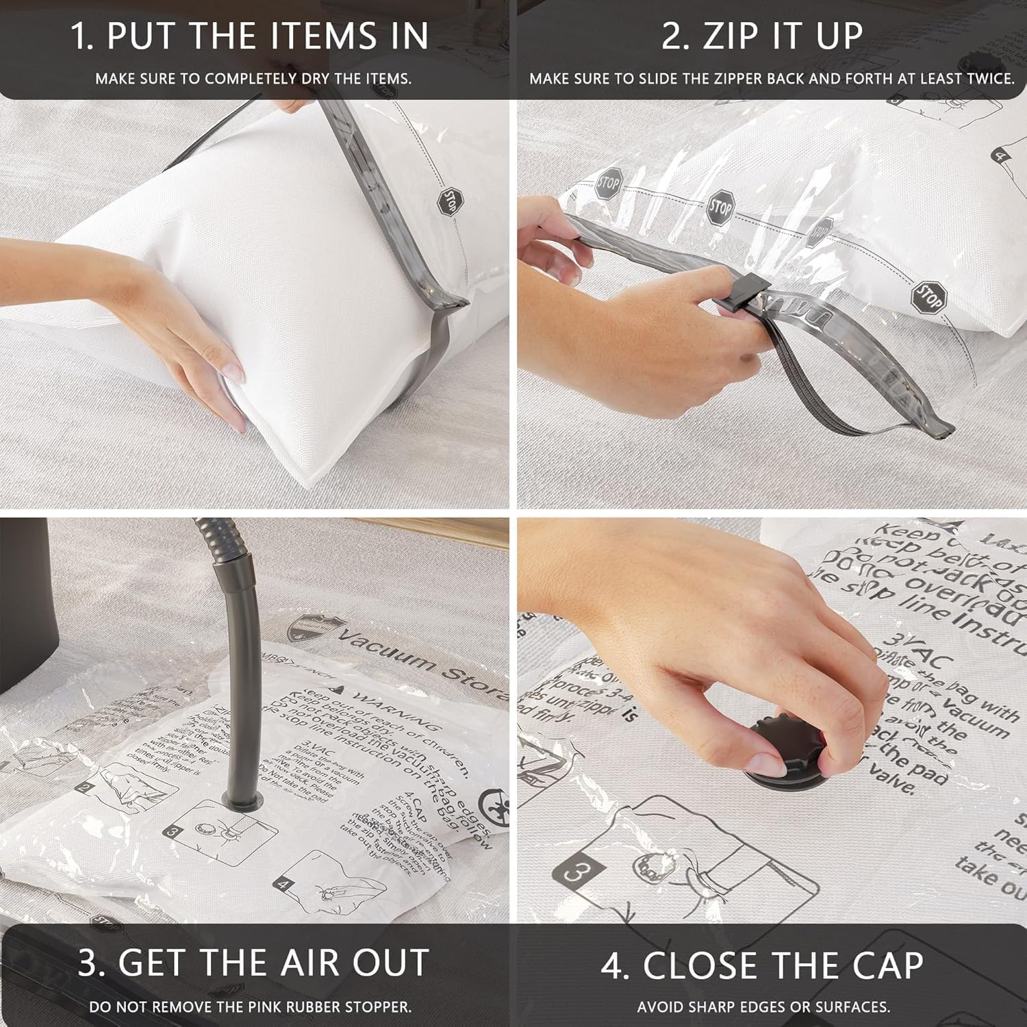 SUOCO Vacuum 8Pce Storage Bags Hand Pump, 2 Jumbo, Large, Medium, DEMO - Image 2